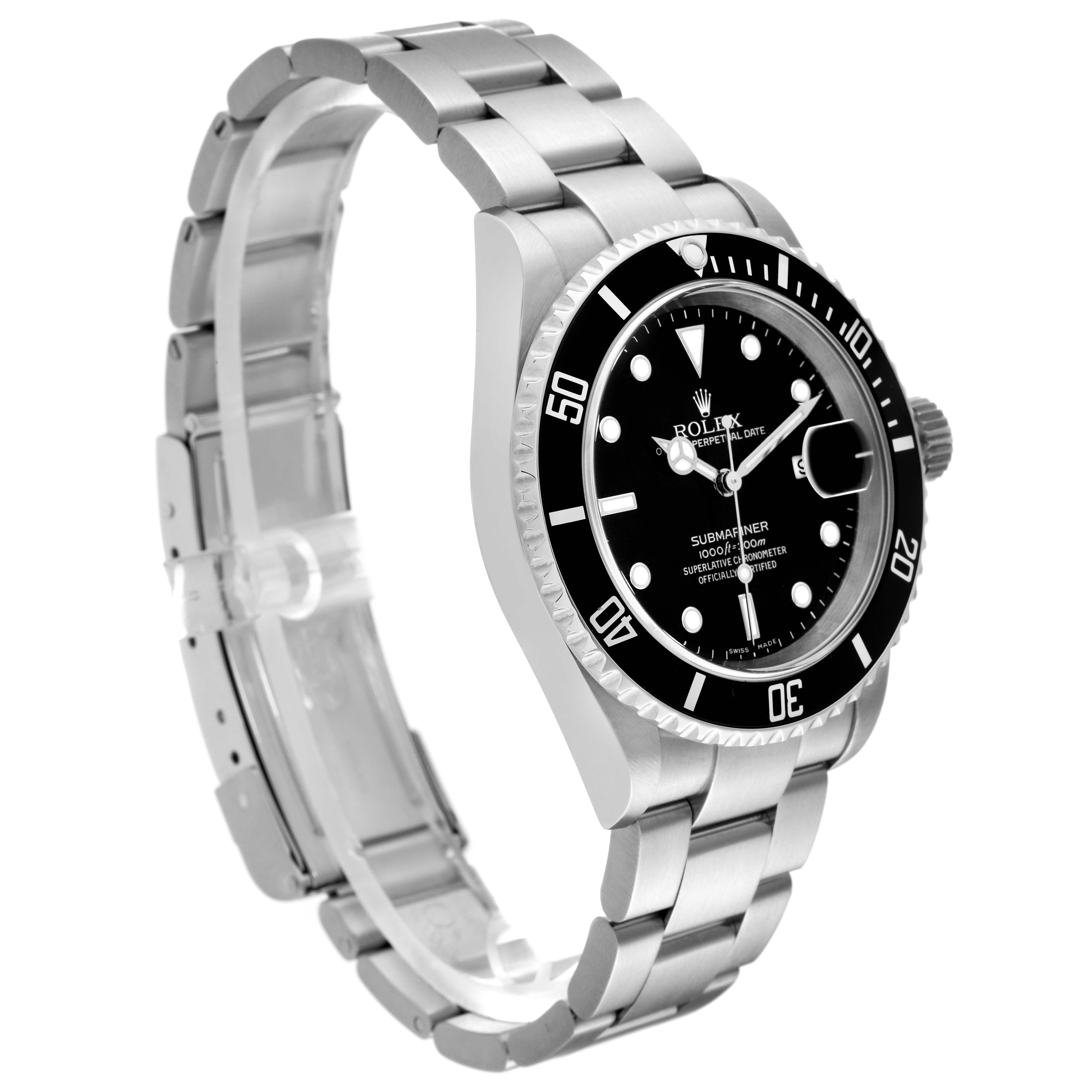 The image shows a Rolex Submariner 16610 Men
s Stainless Steel Black Dial 16610 Men
s Stainless Steel Black Dial watch from a front angle, highlighting its dial, bezel, and bracelet.