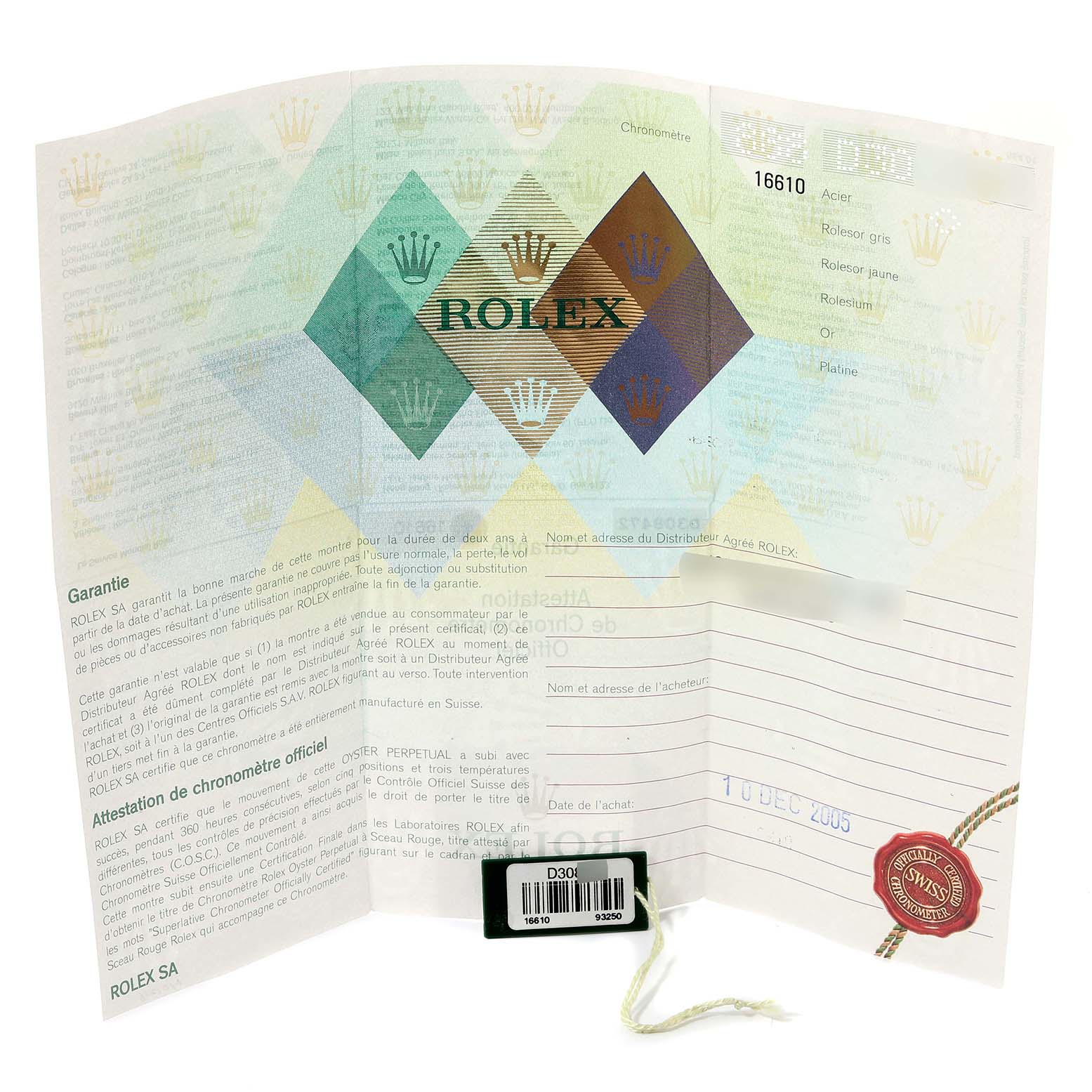 The image shows documentation for a Rolex Submariner 16610 Men
s Stainless Steel Black Dial 16610 Men
s Stainless Steel Black Dial model, including a warranty card and certification papers.