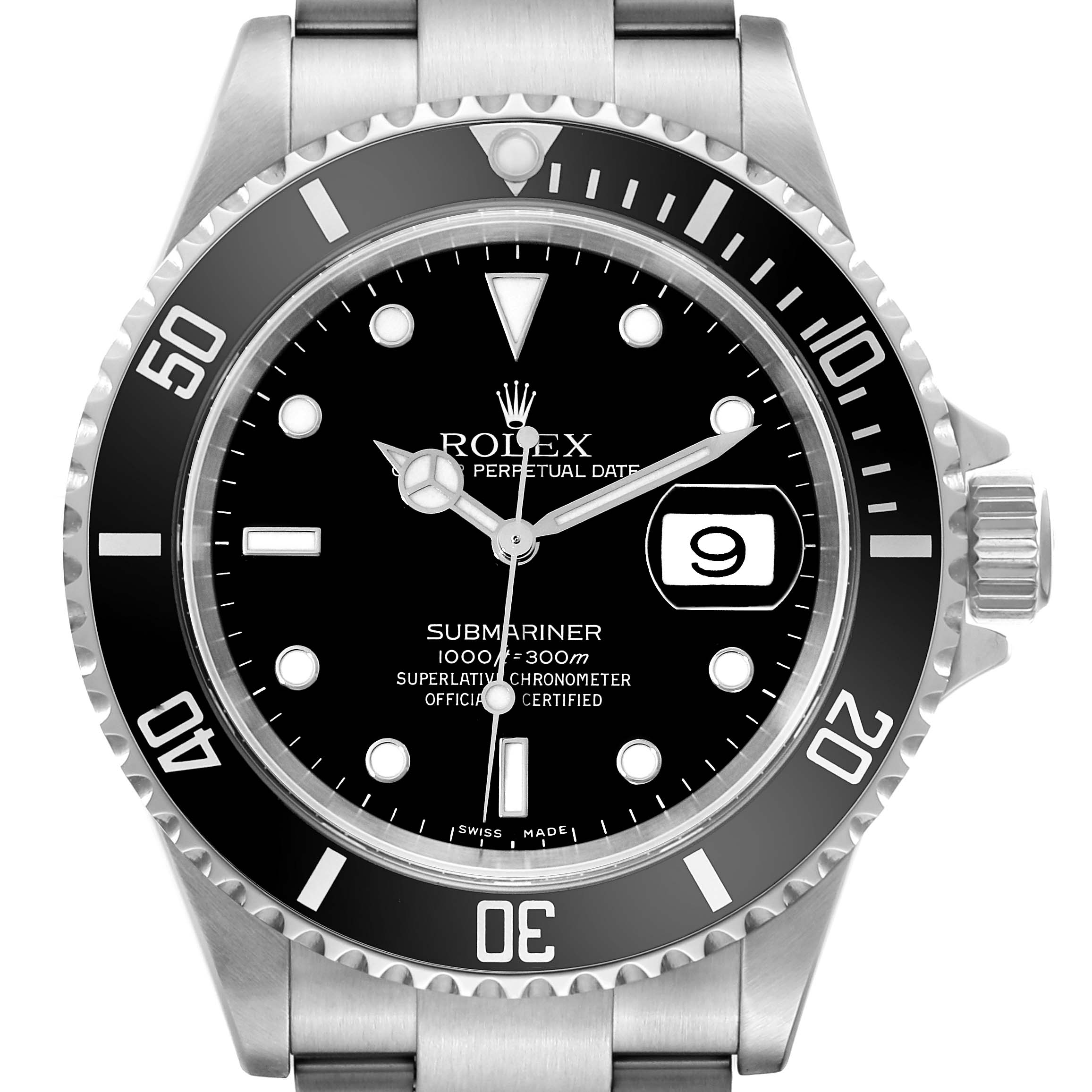 The image shows a front view of the Rolex Submariner 16610 Men
s Stainless Steel Black Dial 16610 Men
s Stainless Steel Black Dial watch, displaying its dial, bezel, and part of its stainless steel bracelet.
