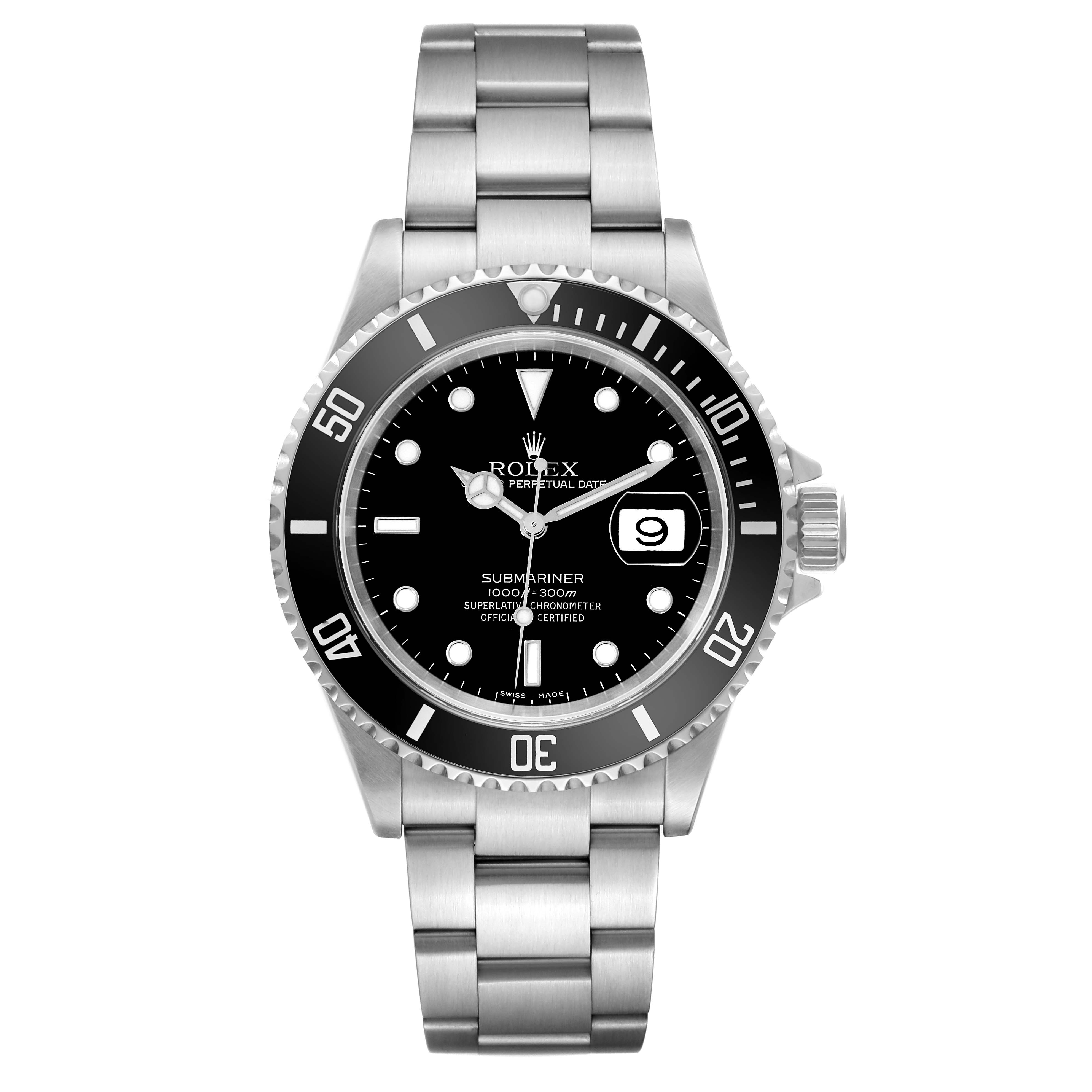 The image shows a front view of a Rolex Submariner 16610 Men
s Stainless Steel Black Dial 16610 Men
s Stainless Steel Black Dial watch, detailing its bezel, dial, bracelet, and date indicator.