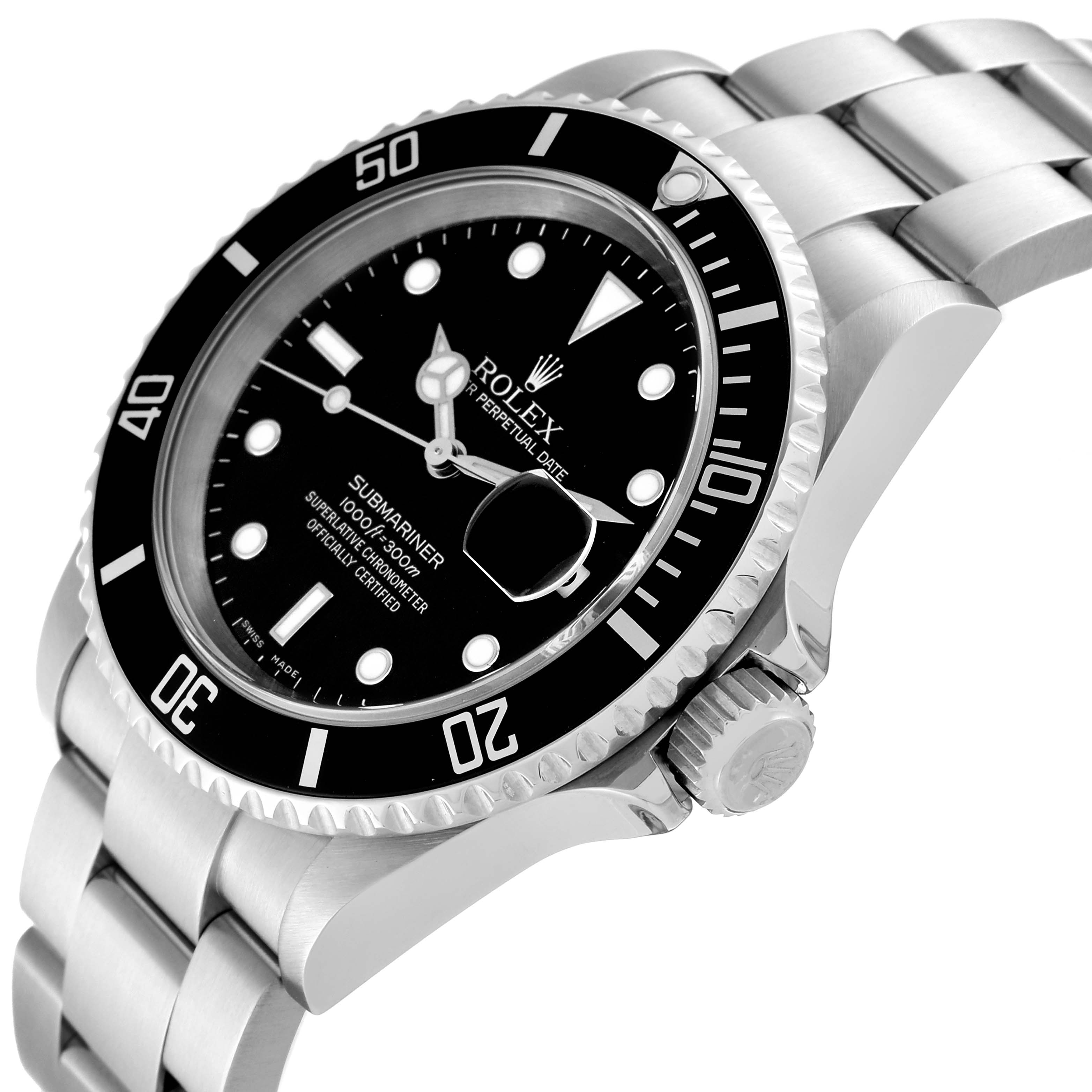 The image shows a side-angle view of the Rolex Submariner 16610 Men
s Stainless Steel Black Dial 16610 Men
s Stainless Steel Black Dial watch, highlighting the black dial, bezel, and metal bracelet.