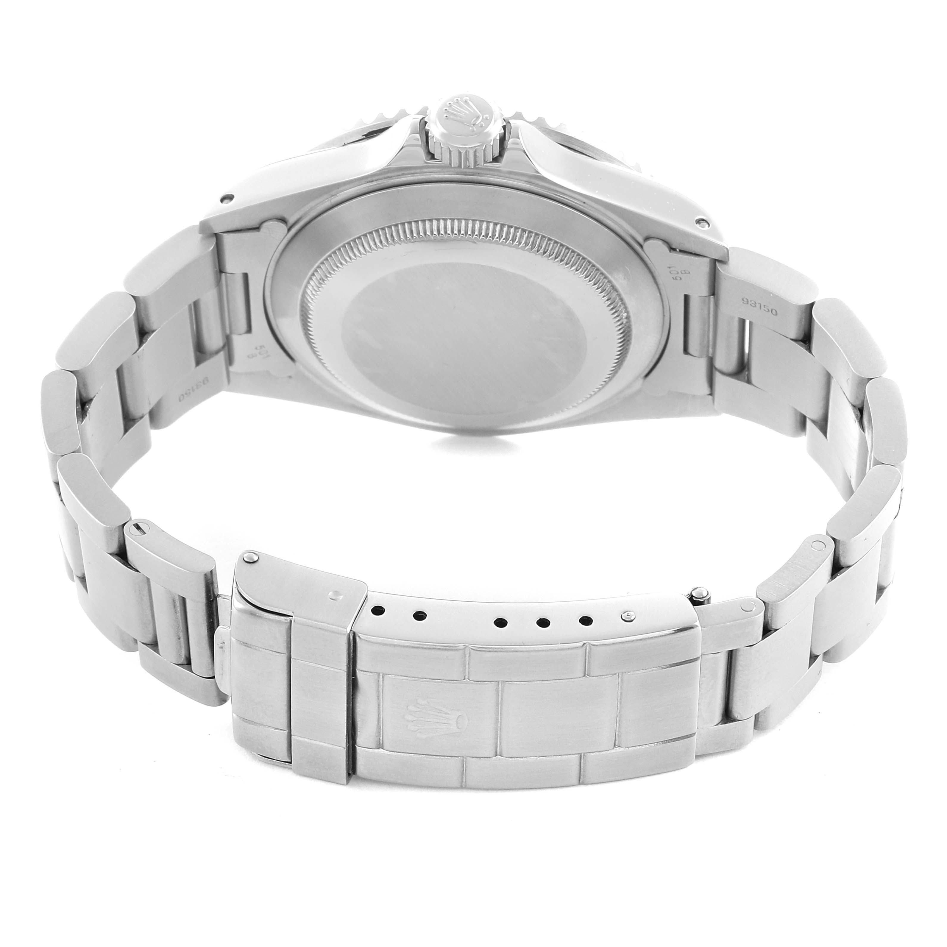 The image shows a Rolex Submariner 116610 Men
s Stainless Steel Black Dial from the back, highlighting the clasp, bracelet, case back, and crown.