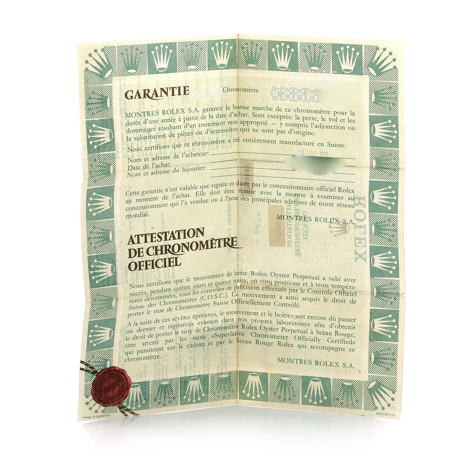 This image shows the official chronometer certification and warranty certificate for a Rolex Submariner 116610 Men
s Stainless Steel Black Dial watch.