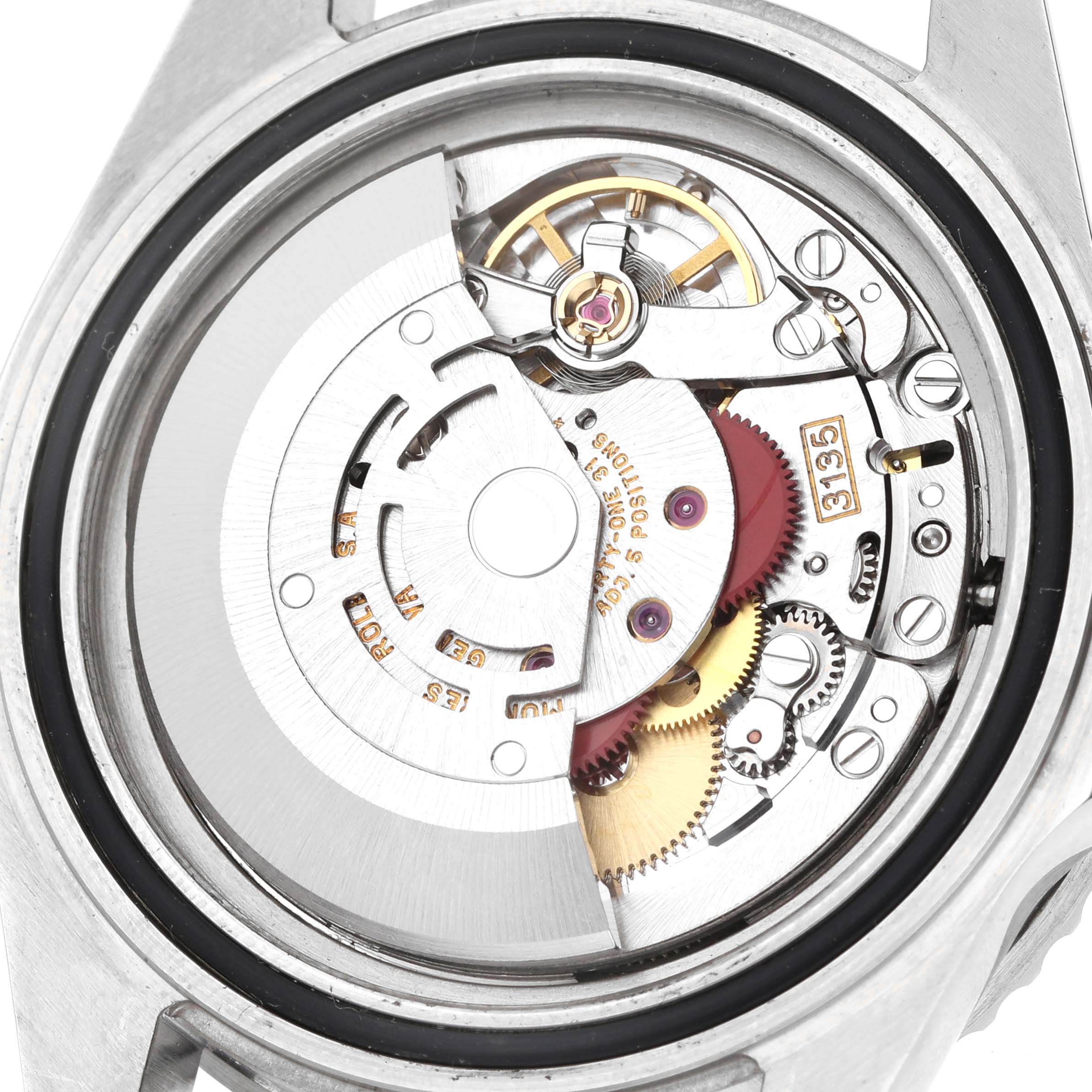 This image shows the internal mechanical movement of the Rolex Submariner 116610 Men
s Stainless Steel Black Dial from the back view, highlighting gears and components.