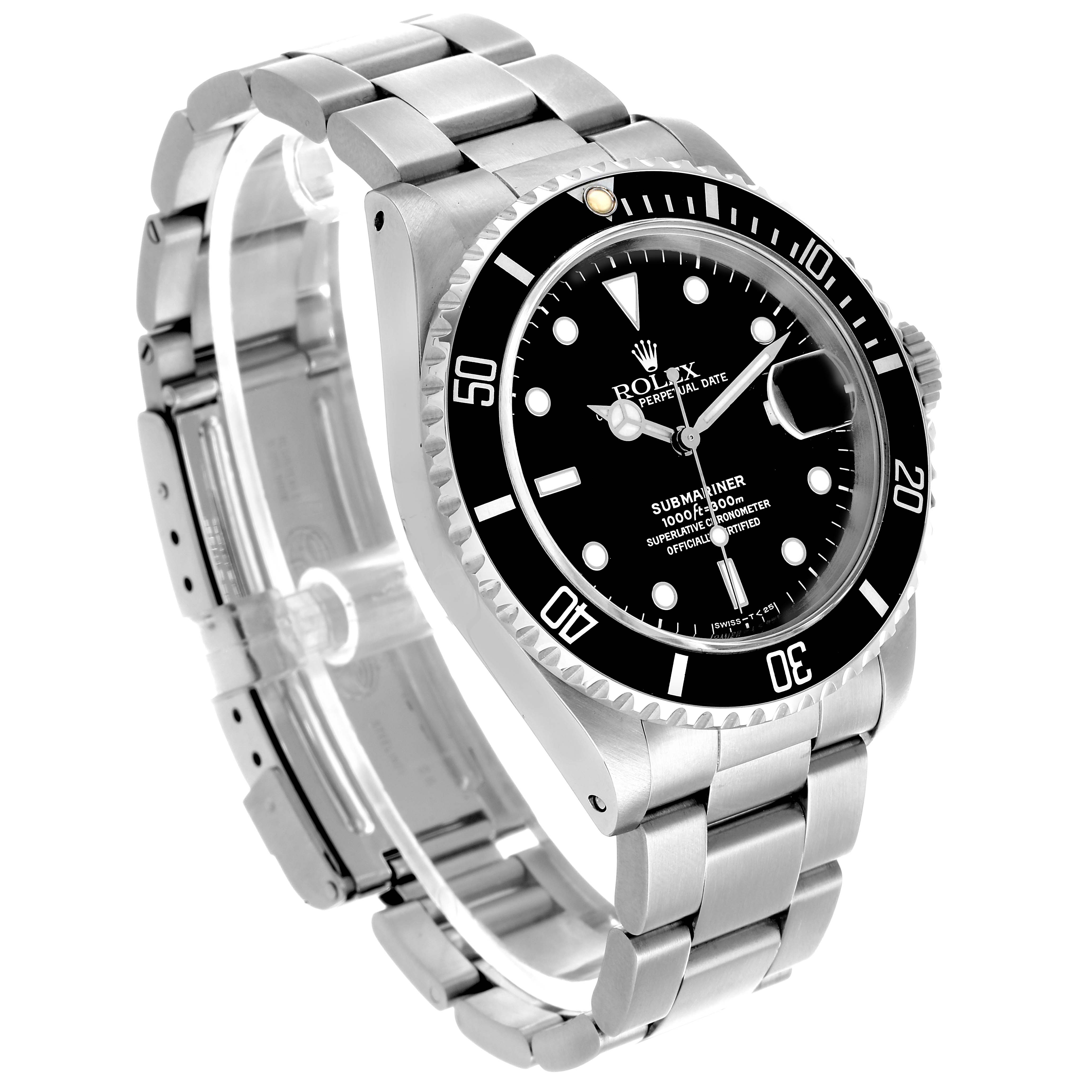 This Rolex Submariner 116610 Men
s Stainless Steel Black Dial watch is shown at a three-quarter angle, highlighting the dial, bezel, and bracelet.