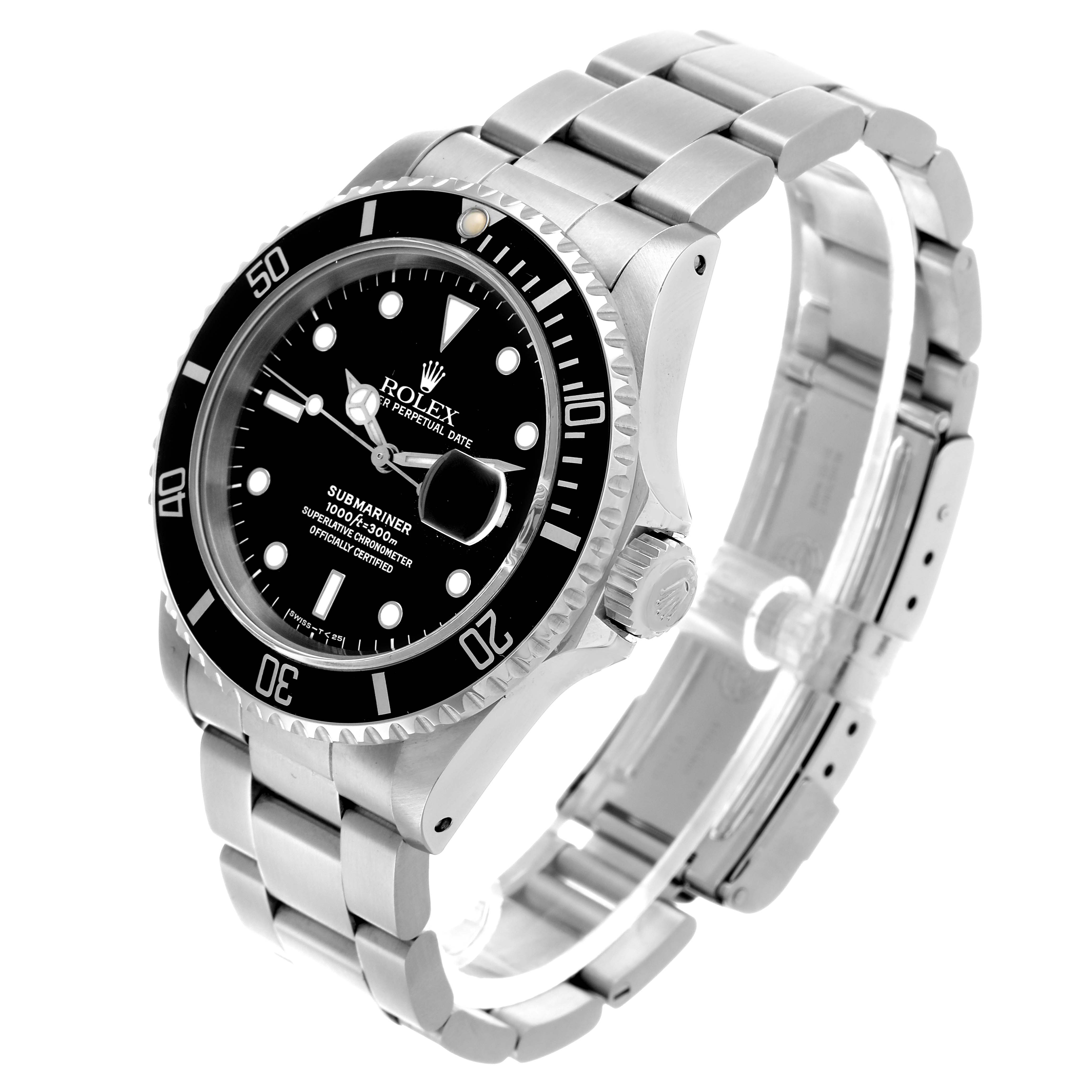 The image shows a Rolex Submariner 116610 Men
s Stainless Steel Black Dial at a three-quarter angle, highlighting the watch face, bezel, and bracelet.