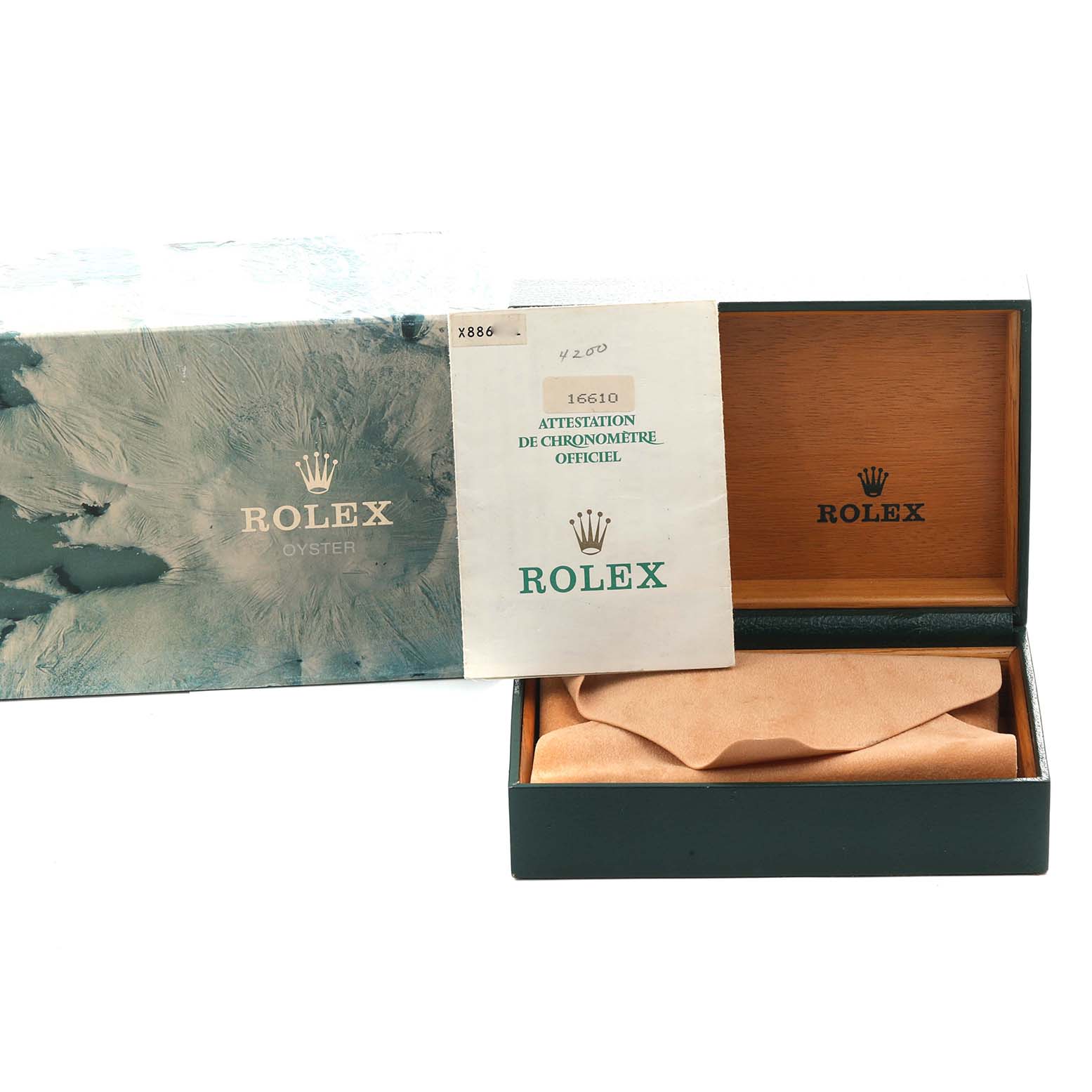 The image shows the packaging and certificate for a Rolex Submariner 116610 Men
s Stainless Steel Black Dial, including its box and warranty card.