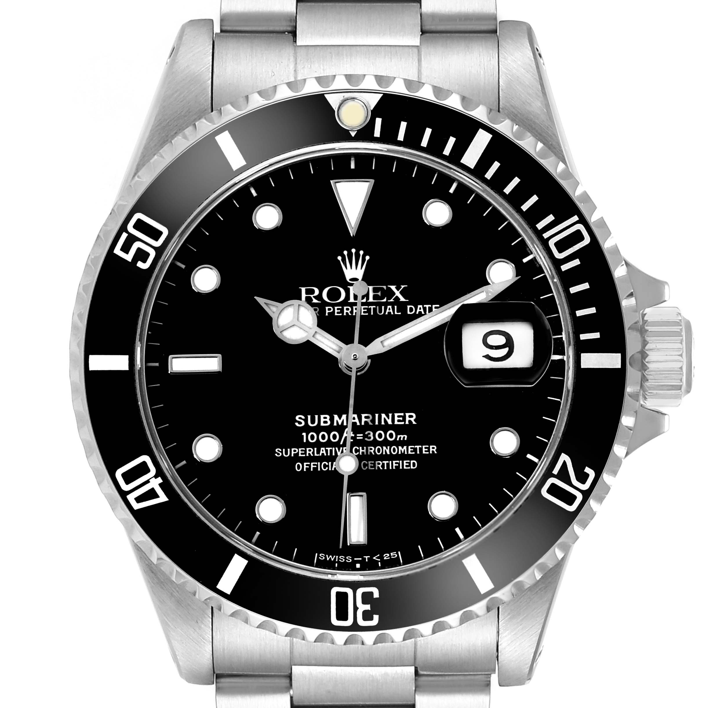 The image shows a front view of a Rolex Submariner 116610 Men
s Stainless Steel Black Dial watch, highlighting its bezel, dial, and date window.