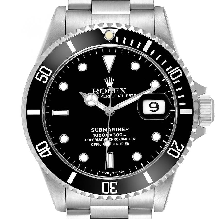 The image shows a front view of a Rolex Submariner 116610 Men's Stainless Steel Black Dial watch, highlighting its bezel, dial, and date window.
