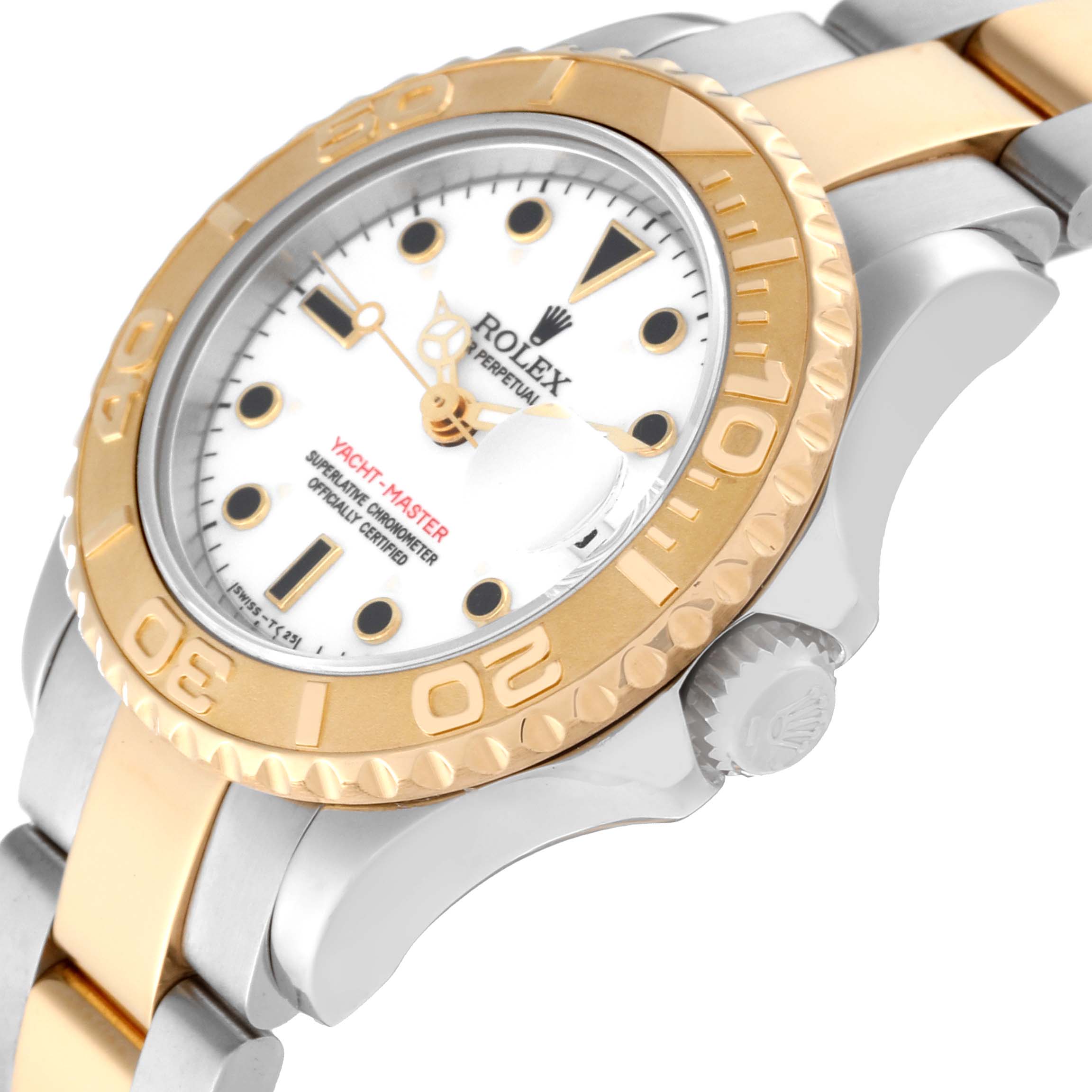 The Rolex Yacht-Master 69623 Women's Steel and Gold (two tone) White Dial 69623 Women's Steel and Gold (two tone) White Dial is shown from a side angle, highlighting its gold bezel, crown, and two-tone bracelet.