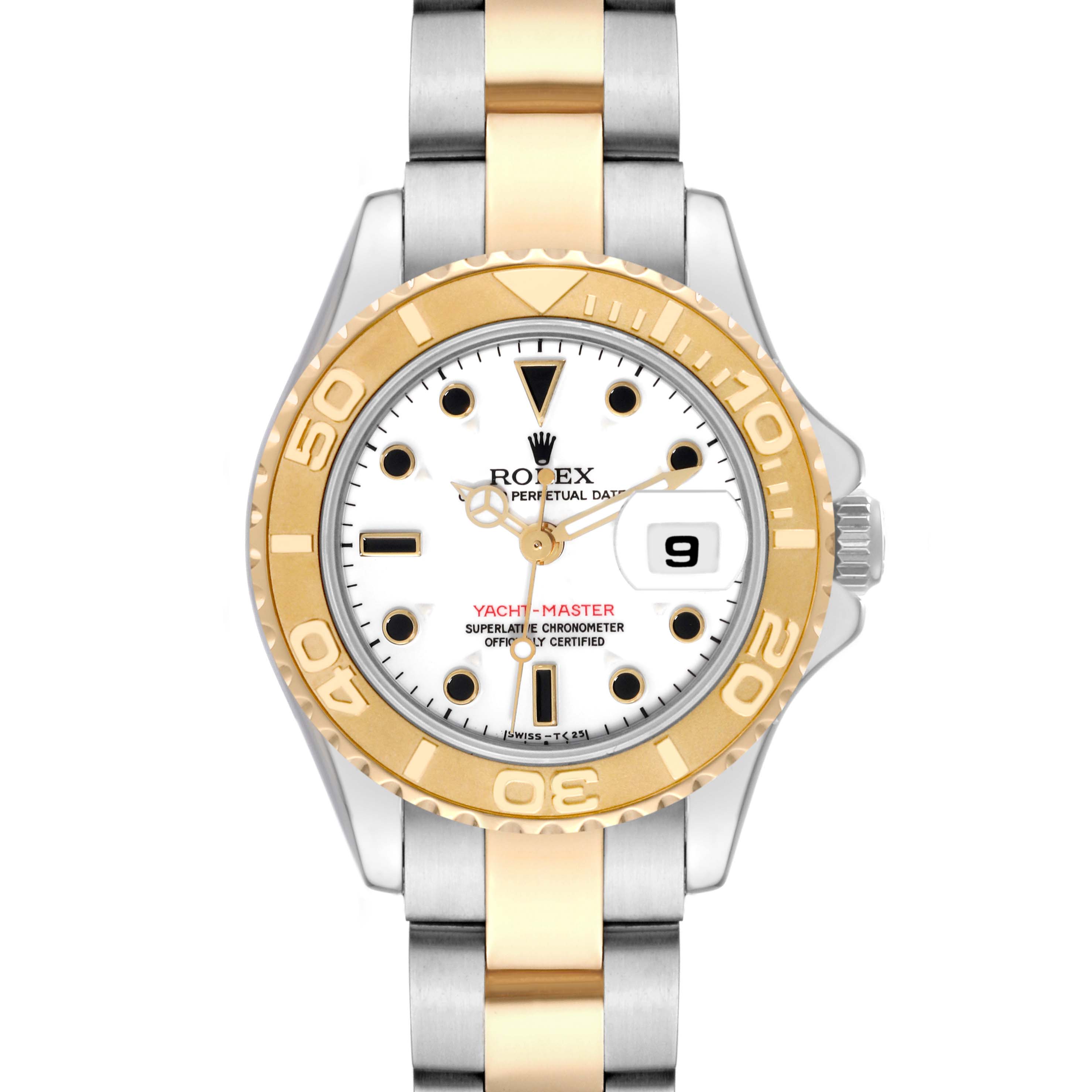 The image shows a frontal view of the Rolex Yacht-Master 69623 Women's Steel and Gold (two tone) White Dial 69623 Women's Steel and Gold (two tone) White Dial watch, displaying its dial, bezel, and bracelet.