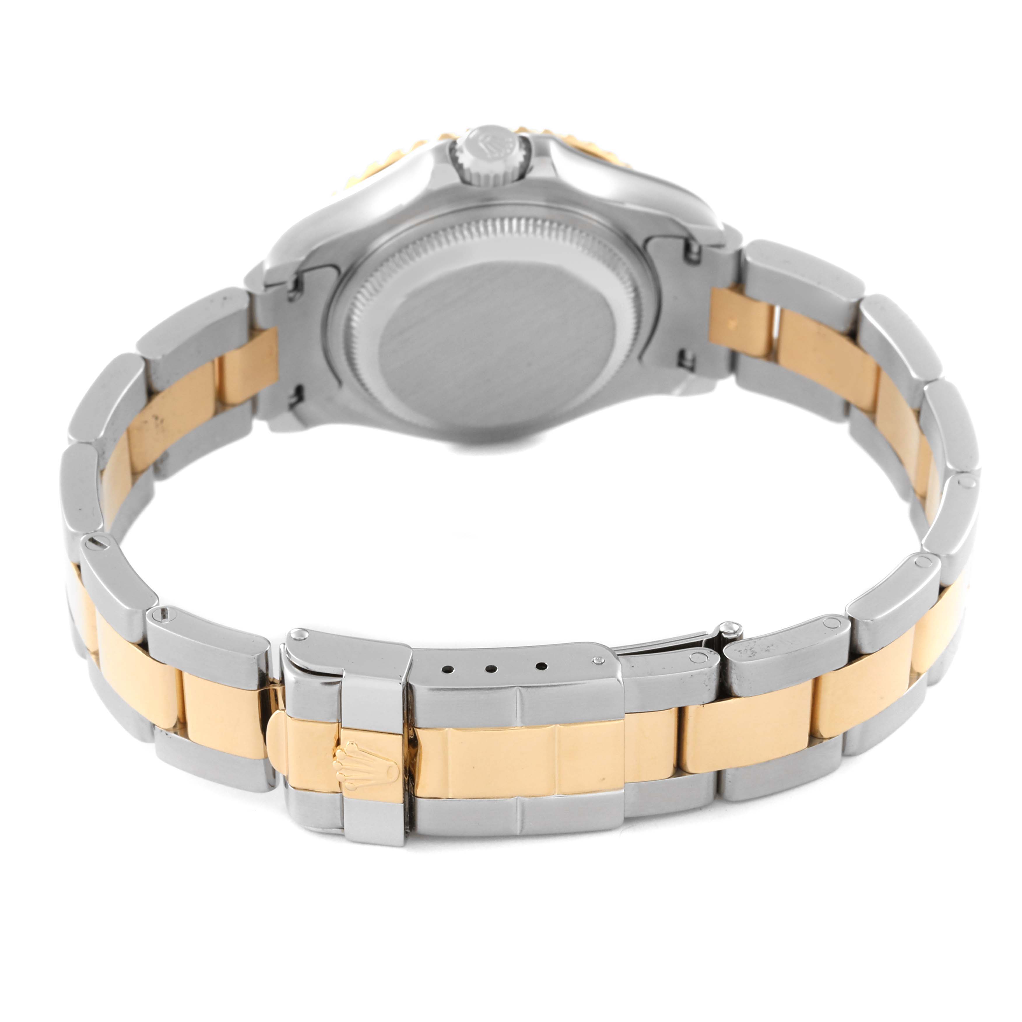 The Rolex Yacht-Master 69623 Women's Steel and Gold (two tone) White Dial 69623 Women's Steel and Gold (two tone) White Dial watch is shown from the rear, highlighting the bracelet and clasp.