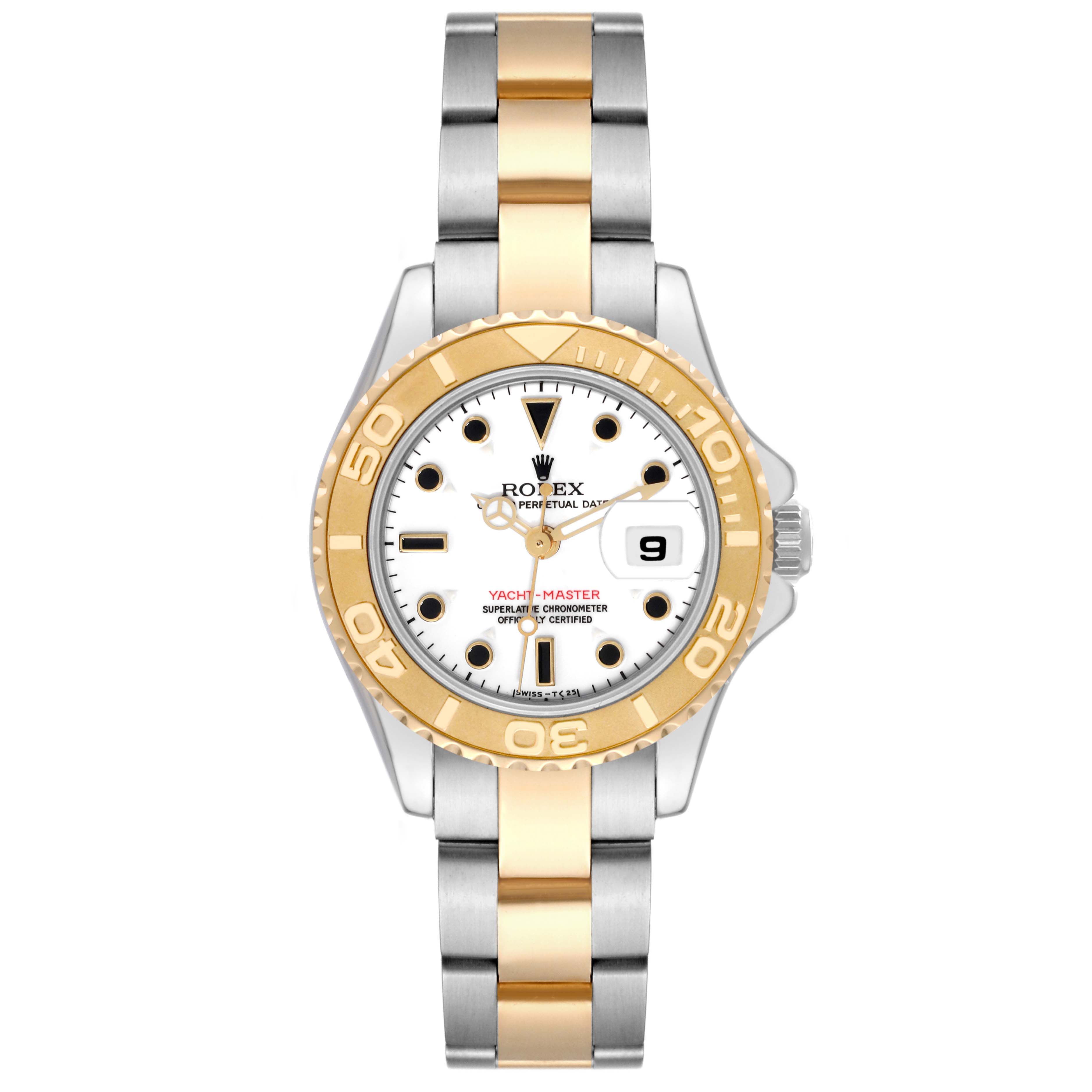 The Rolex Yacht-Master 69623 Women's Steel and Gold (two tone) White Dial 69623 Women's Steel and Gold (two tone) White Dial watch is shown from a top-down angle, displaying the face, bezel, and bracelet in full view.