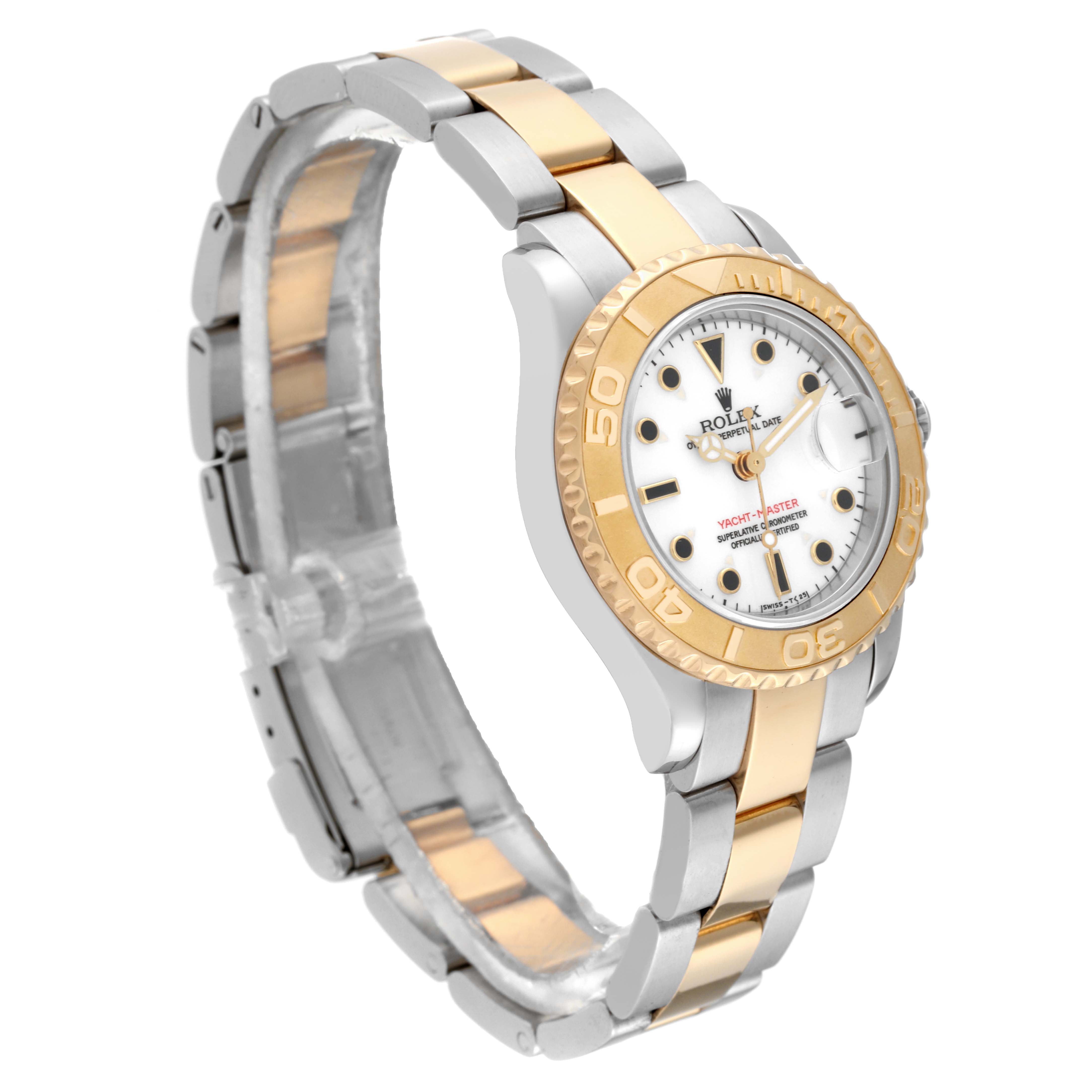 The Rolex Yacht-Master 69623 Women's Steel and Gold (two tone) White Dial 69623 Women's Steel and Gold (two tone) White Dial watch is shown at a three-quarter angle, highlighting the bezel, bracelet, and dial.
