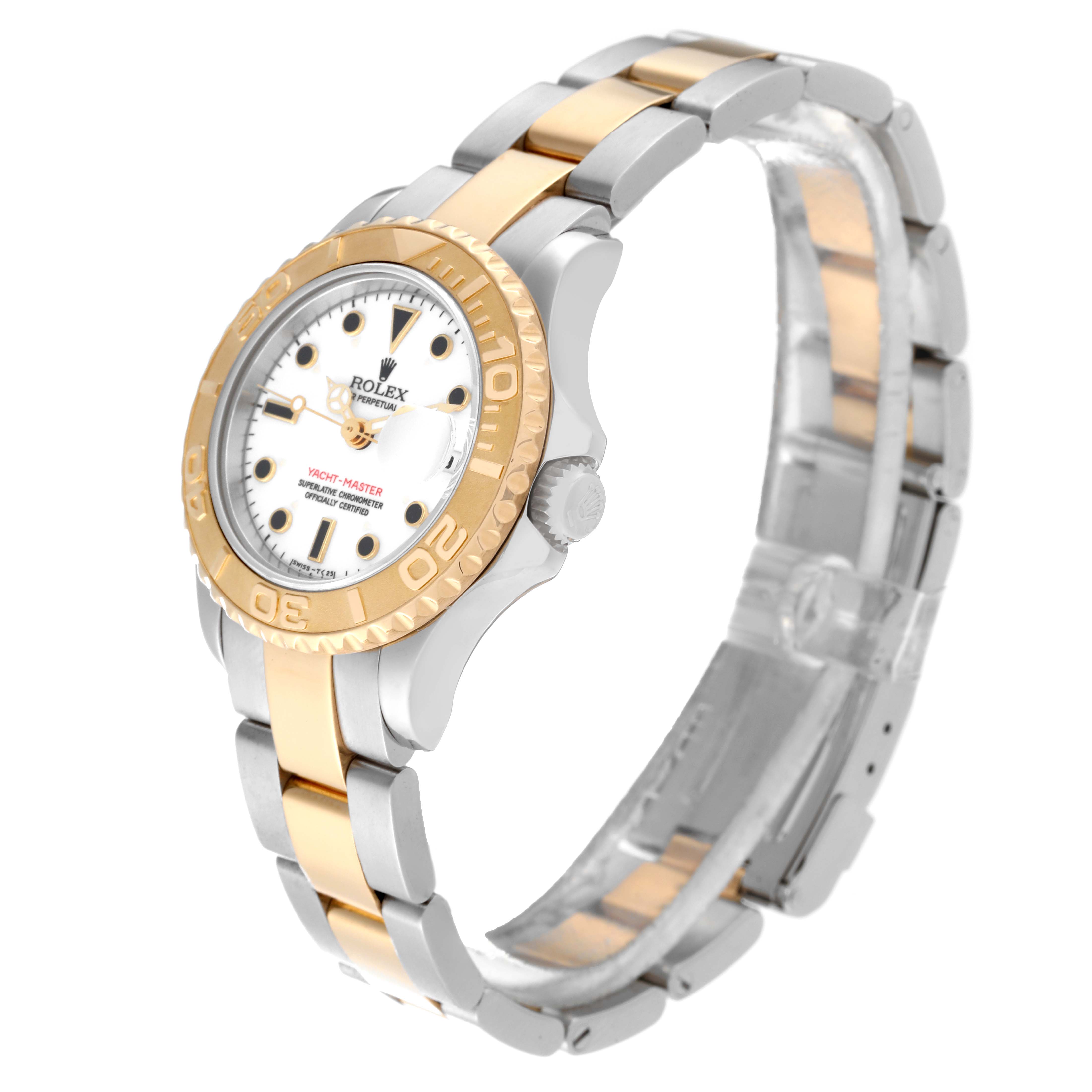 The Rolex Yacht-Master 69623 Women's Steel and Gold (two tone) White Dial 69623 Women's Steel and Gold (two tone) White Dial watch is shown from a three-quarter angle, highlighting the face, bezel, and bracelet.