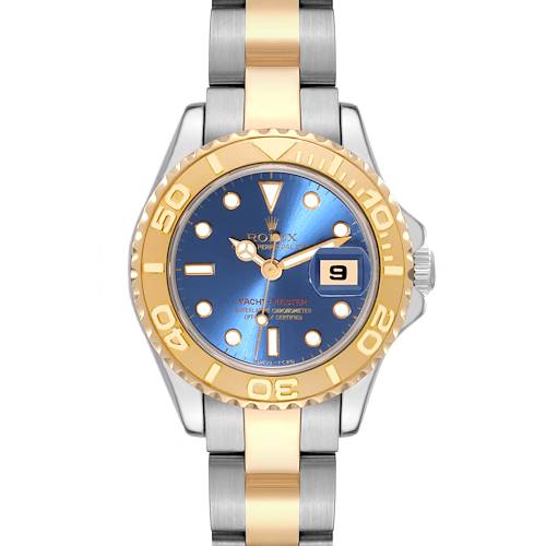 This image shows a Rolex Yacht-Master watch from a front angle, featuring a blue dial, date window, and two-tone metal bracelet.