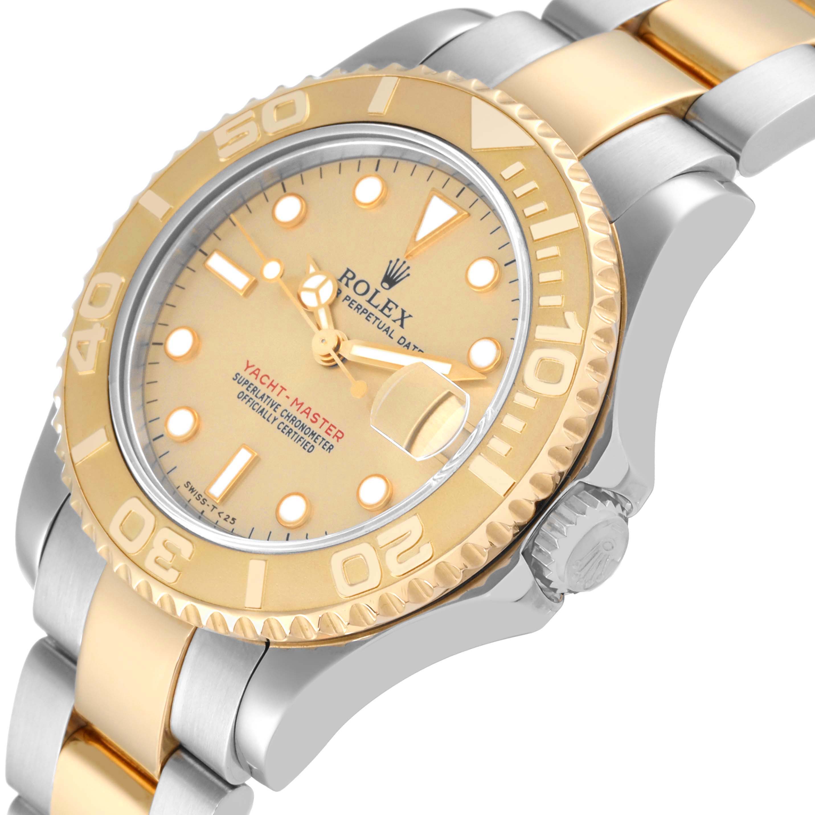 The Rolex Yacht-Master 68623 Men
s Steel and Gold (two tone) Champagne Dial 68623 Men
s Steel and Gold (two tone) Champagne Dial watch is shown at an angled close-up, featuring its dial, bezel, crown, and part of the bracelet.