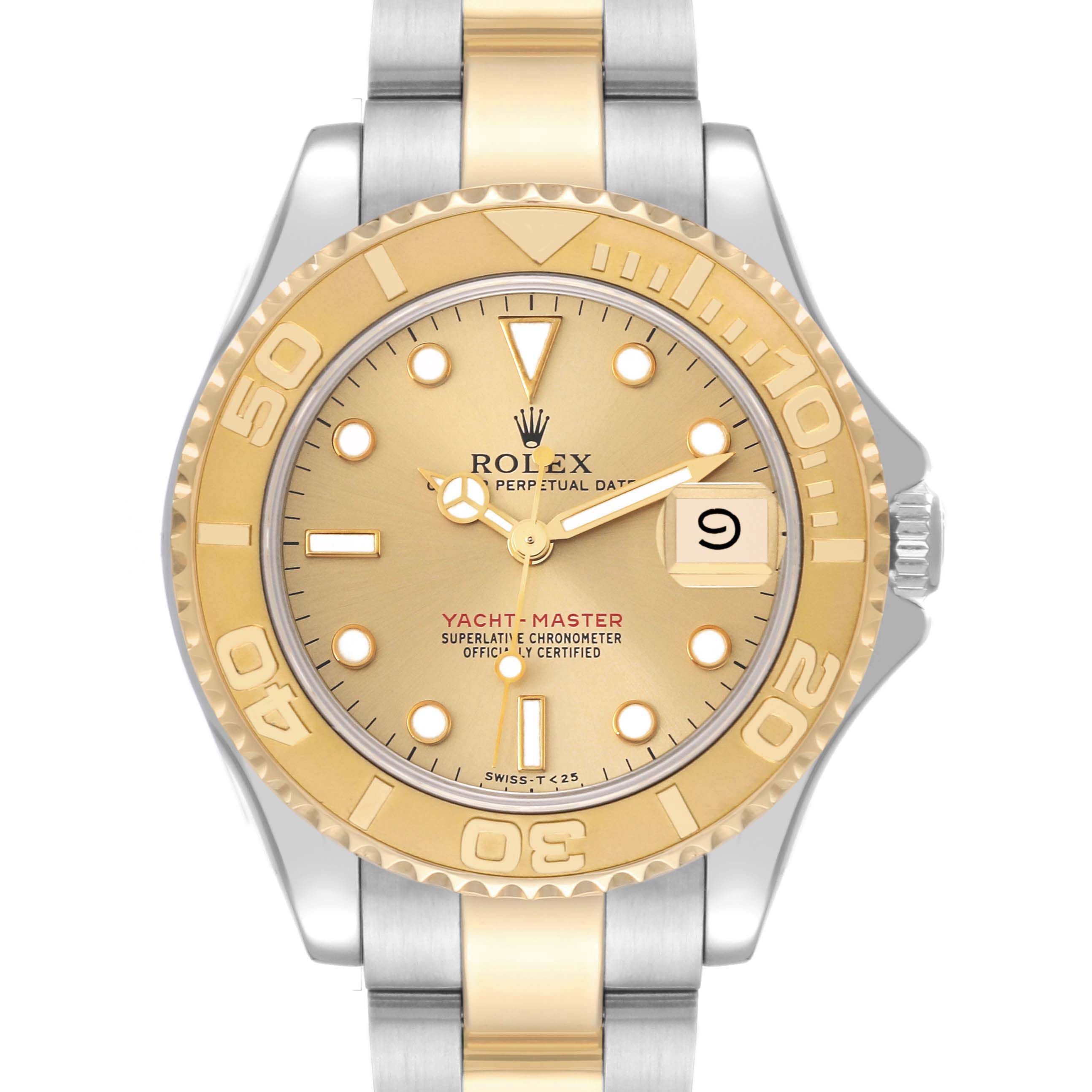 This image shows a front view of a Rolex Yacht-Master 68623 Men
s Steel and Gold (two tone) Champagne Dial 68623 Men
s Steel and Gold (two tone) Champagne Dial watch featuring a gold bezel and bicolor strap.