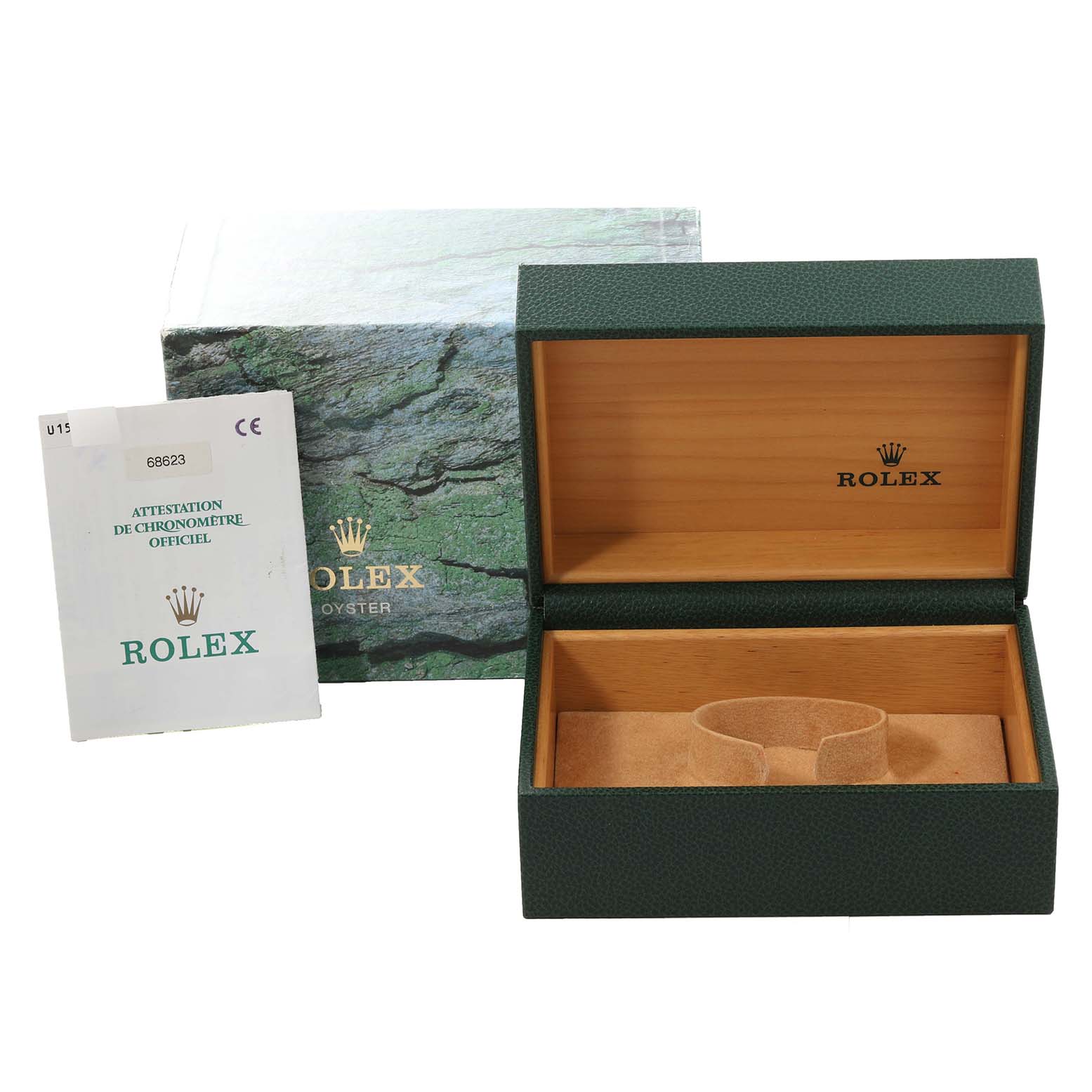 The image shows an open Rolex Yacht-Master 68623 Men
s Steel and Gold (two tone) Champagne Dial 68623 Men
s Steel and Gold (two tone) Champagne Dial watch box alongside its outer box and certification card.
