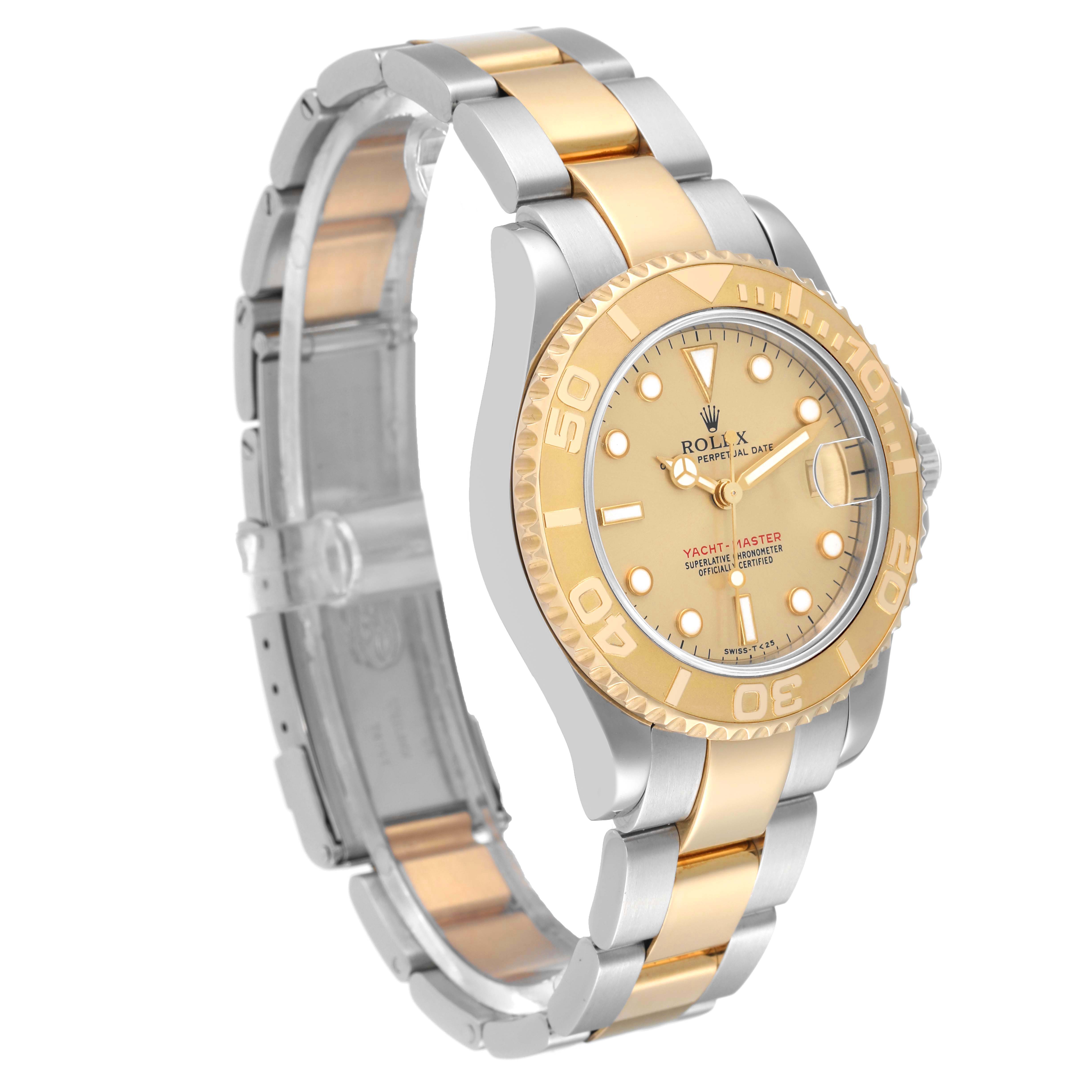 This image shows the front and side view of the Rolex Yacht-Master 68623 Men
s Steel and Gold (two tone) Champagne Dial 68623 Men
s Steel and Gold (two tone) Champagne Dial watch, highlighting its dial, bezel, and two-tone bracelet.