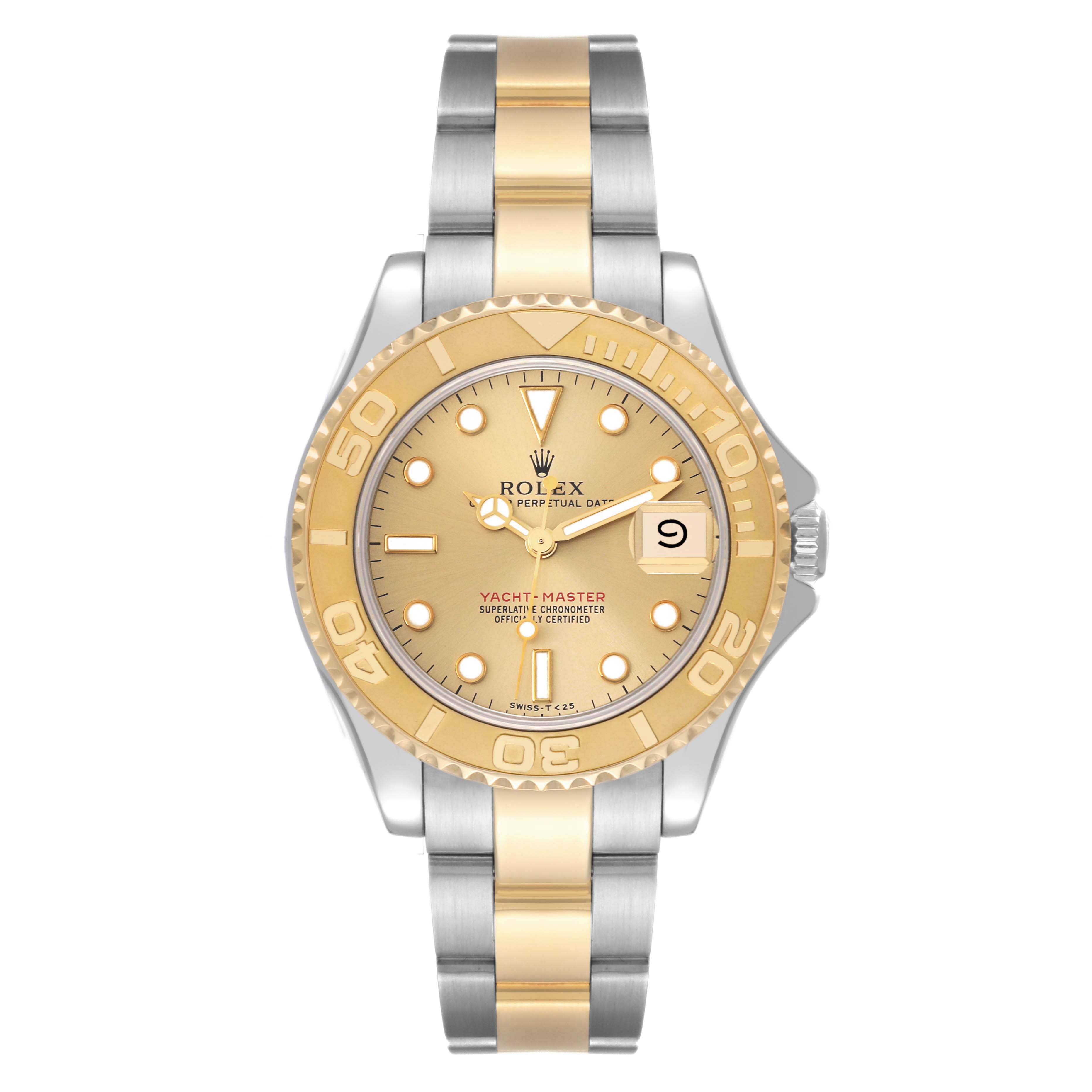 The image shows a frontal view of a Rolex Yacht-Master 68623 Men
s Steel and Gold (two tone) Champagne Dial 68623 Men
s Steel and Gold (two tone) Champagne Dial watch, highlighting its two-tone metal band, gold bezel, and face.