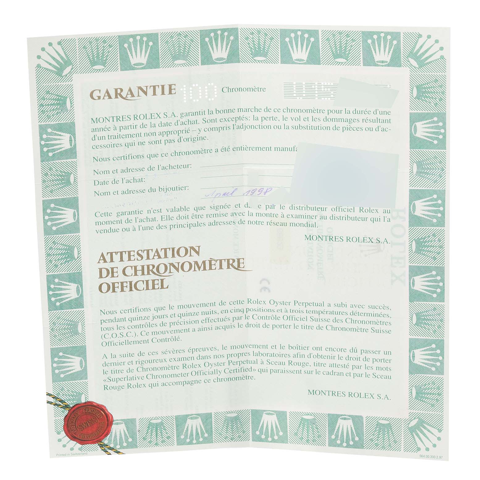 This is a guarantee certificate for a Rolex Yacht-Master 68623 Men
s Steel and Gold (two tone) Champagne Dial 68623 Men
s Steel and Gold (two tone) Champagne Dial model, showing the document
s front side with text and logos.