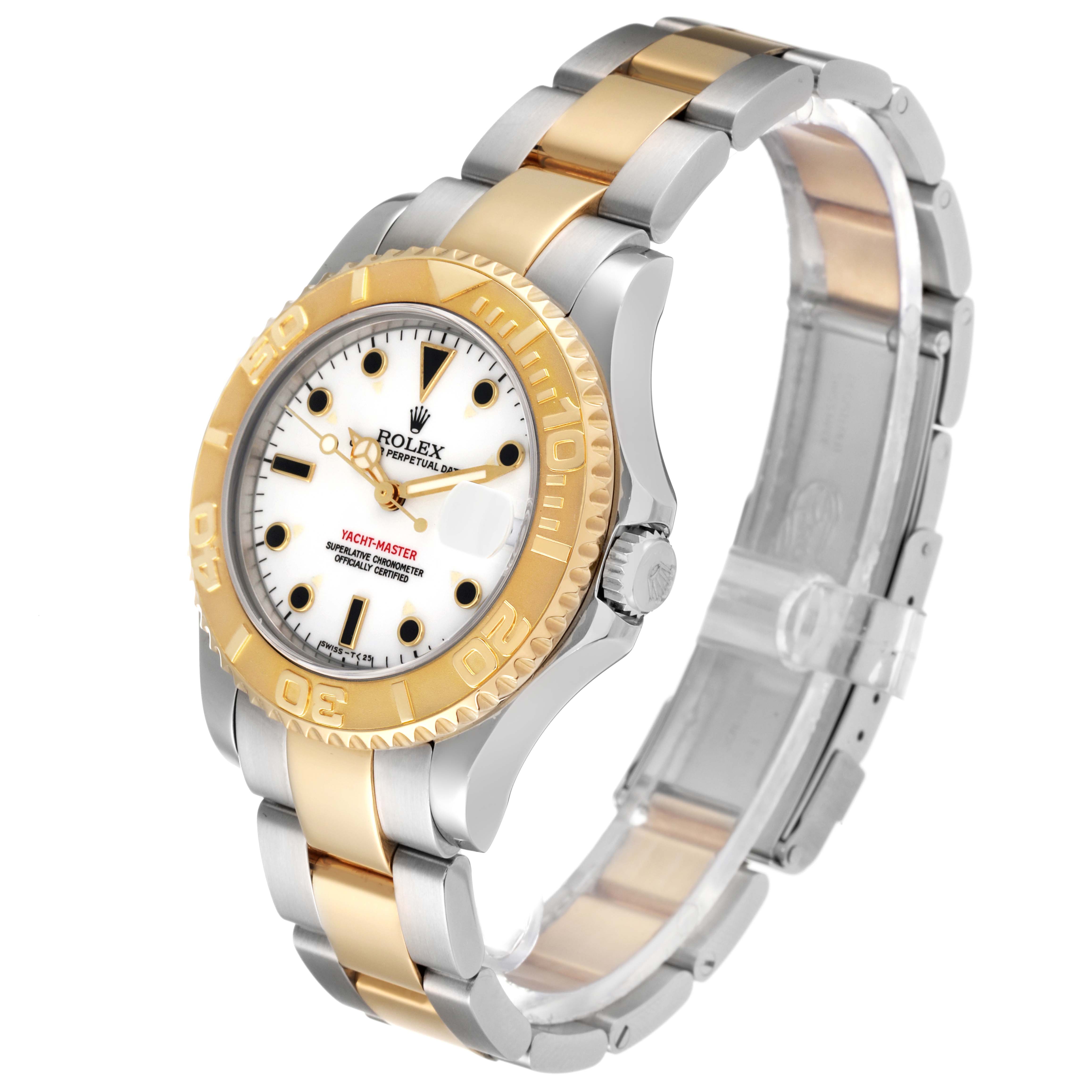 This Rolex Yacht-Master 68623 Men's Steel and Gold (two tone) White Dial 68623 Men's Steel and Gold (two tone) White Dial watch is shown at an angled view, displaying the dial, bezel, crown, and bracelet clearly.