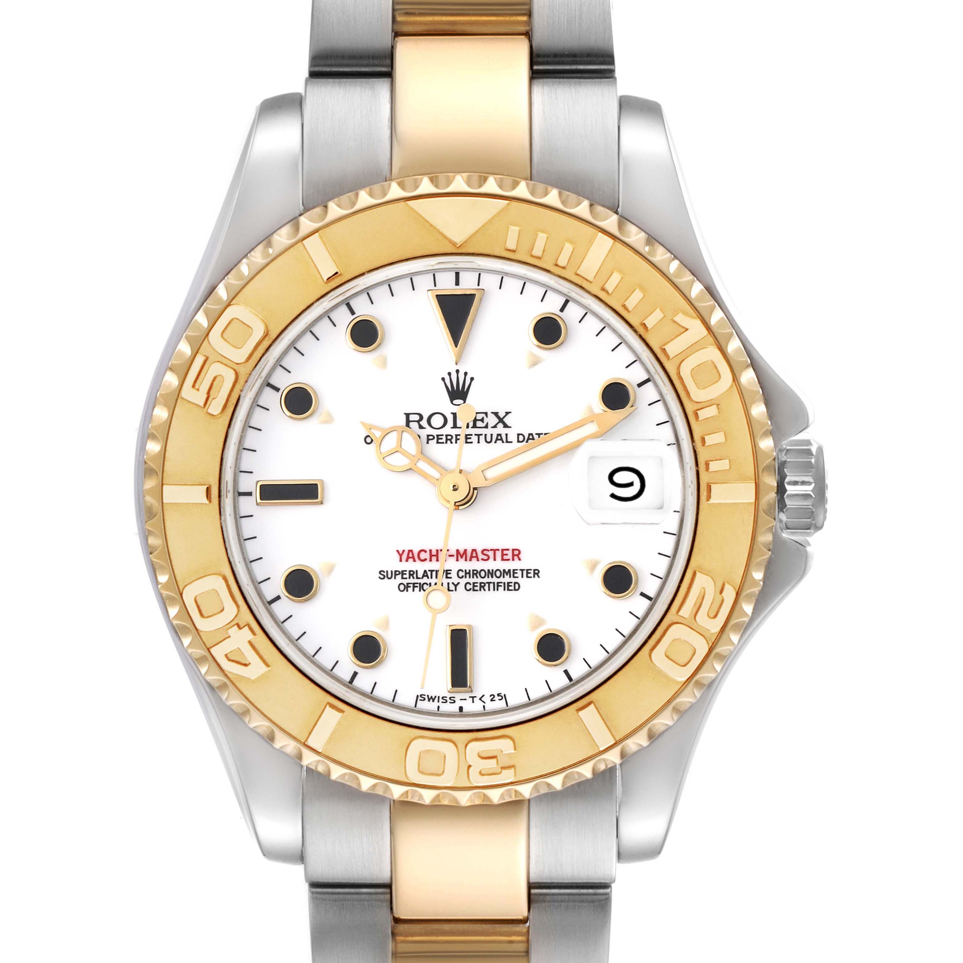 The image shows a frontal view of a Rolex Yacht-Master 68623 Men's Steel and Gold (two tone) White Dial 68623 Men's Steel and Gold (two tone) White Dial watch, highlighting the dial, bezel, and part of the bracelet.