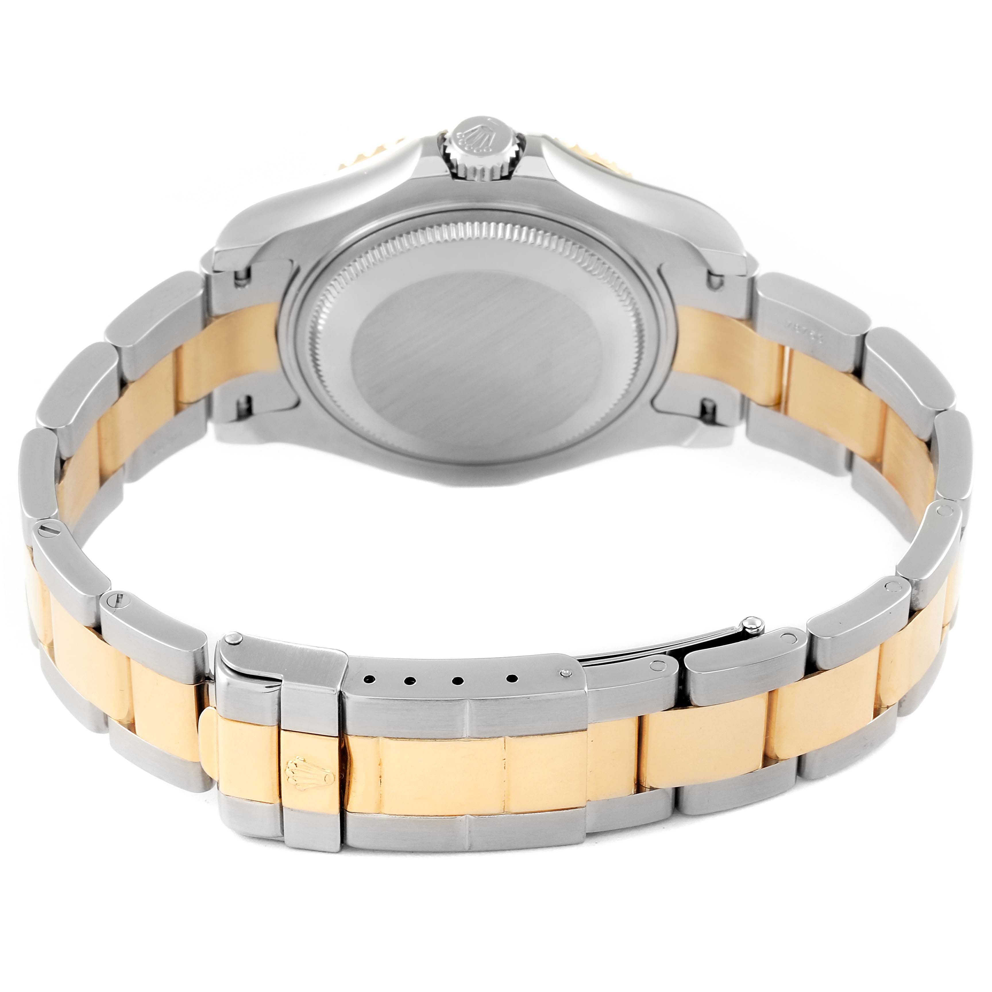 The image shows the back view of the Rolex Yacht-Master 68623 Men's Steel and Gold (two tone) White Dial 68623 Men's Steel and Gold (two tone) White Dial watch, including the case back and the two-tone bracelet.