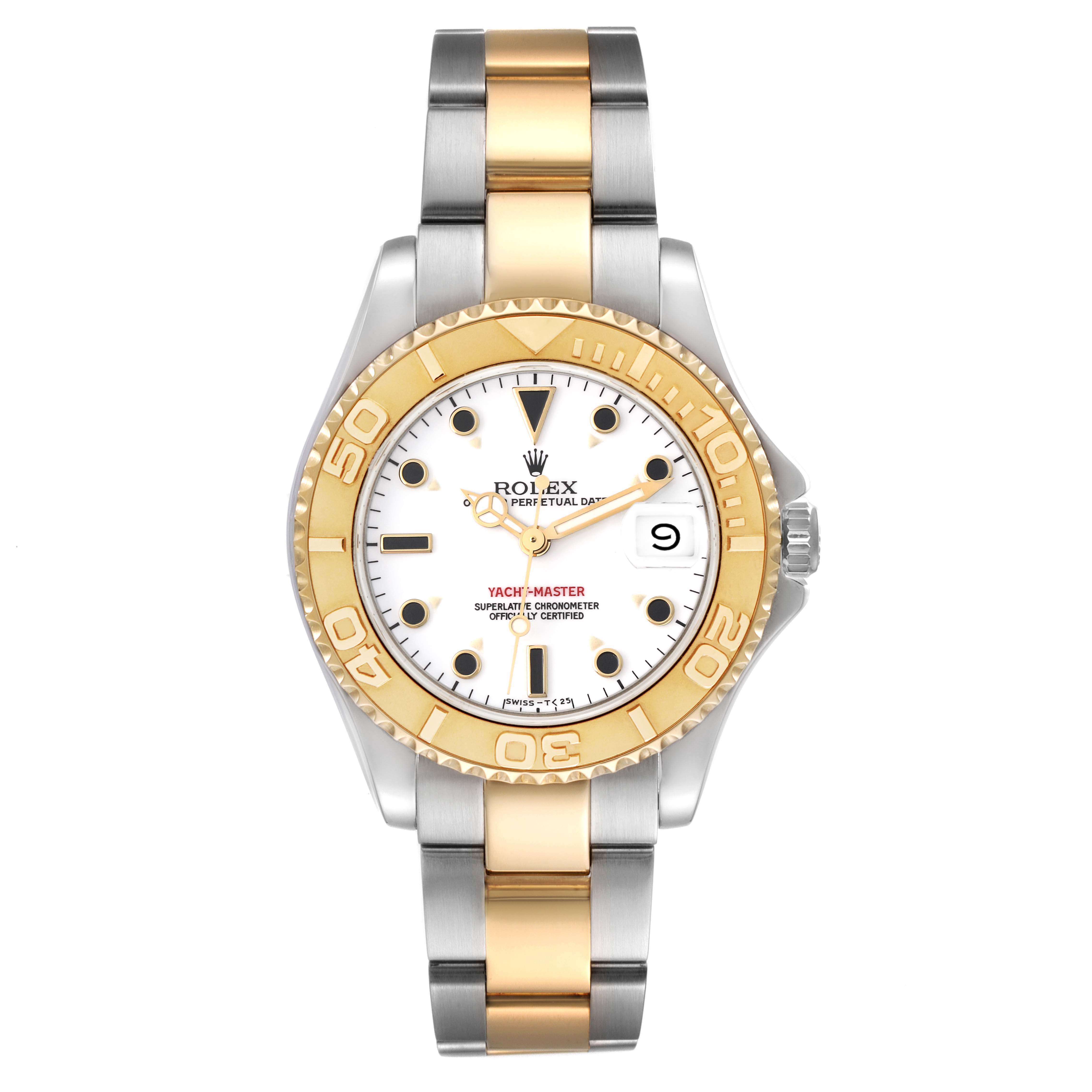 The Rolex Yacht-Master 68623 Men's Steel and Gold (two tone) White Dial 68623 Men's Steel and Gold (two tone) White Dial model is shown from the front, displaying its dial, bezel, and two-tone bracelet.