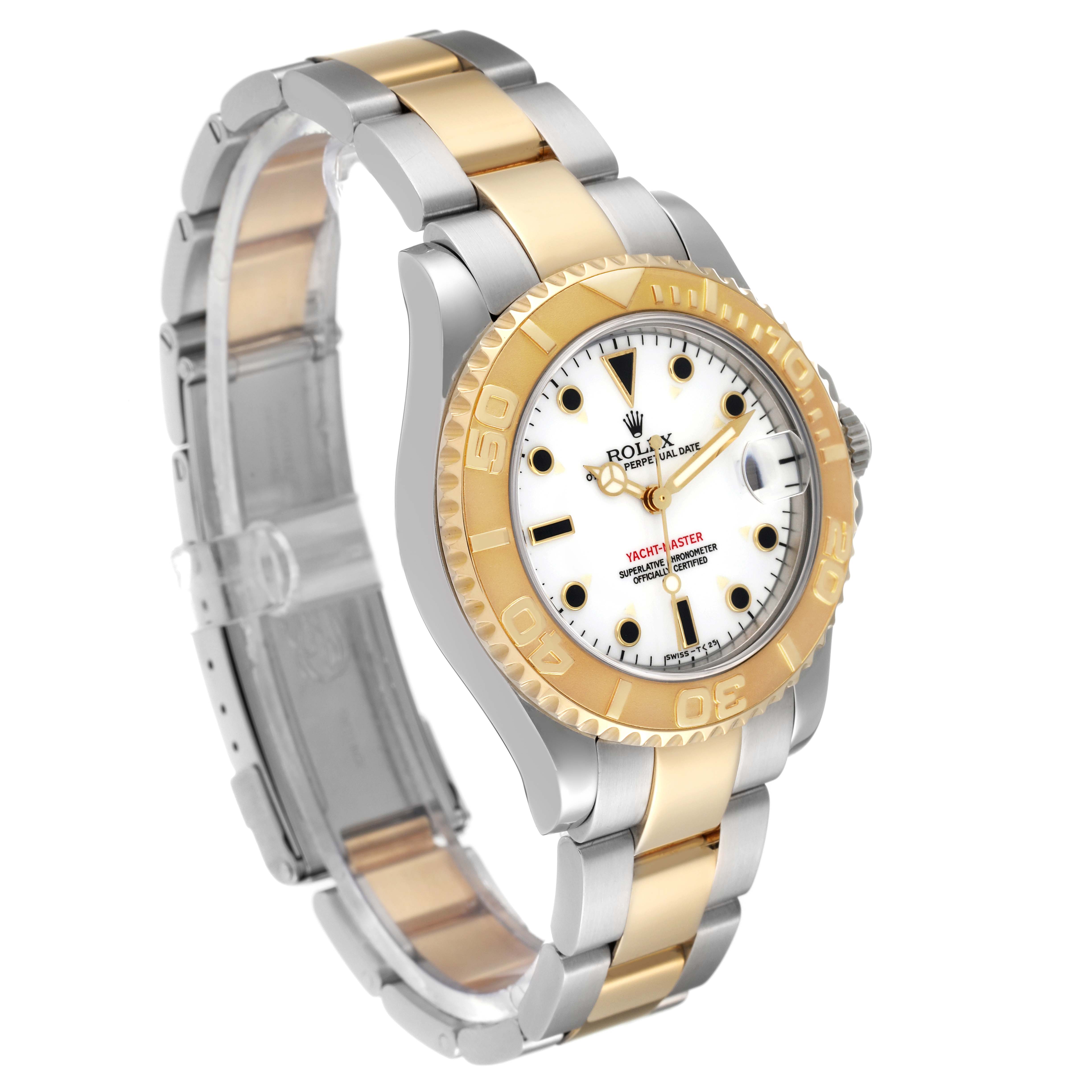 The Rolex Yacht-Master 68623 Men's Steel and Gold (two tone) White Dial 68623 Men's Steel and Gold (two tone) White Dial watch is shown at an angled side view, highlighting the bracelet, bezel, and dial.