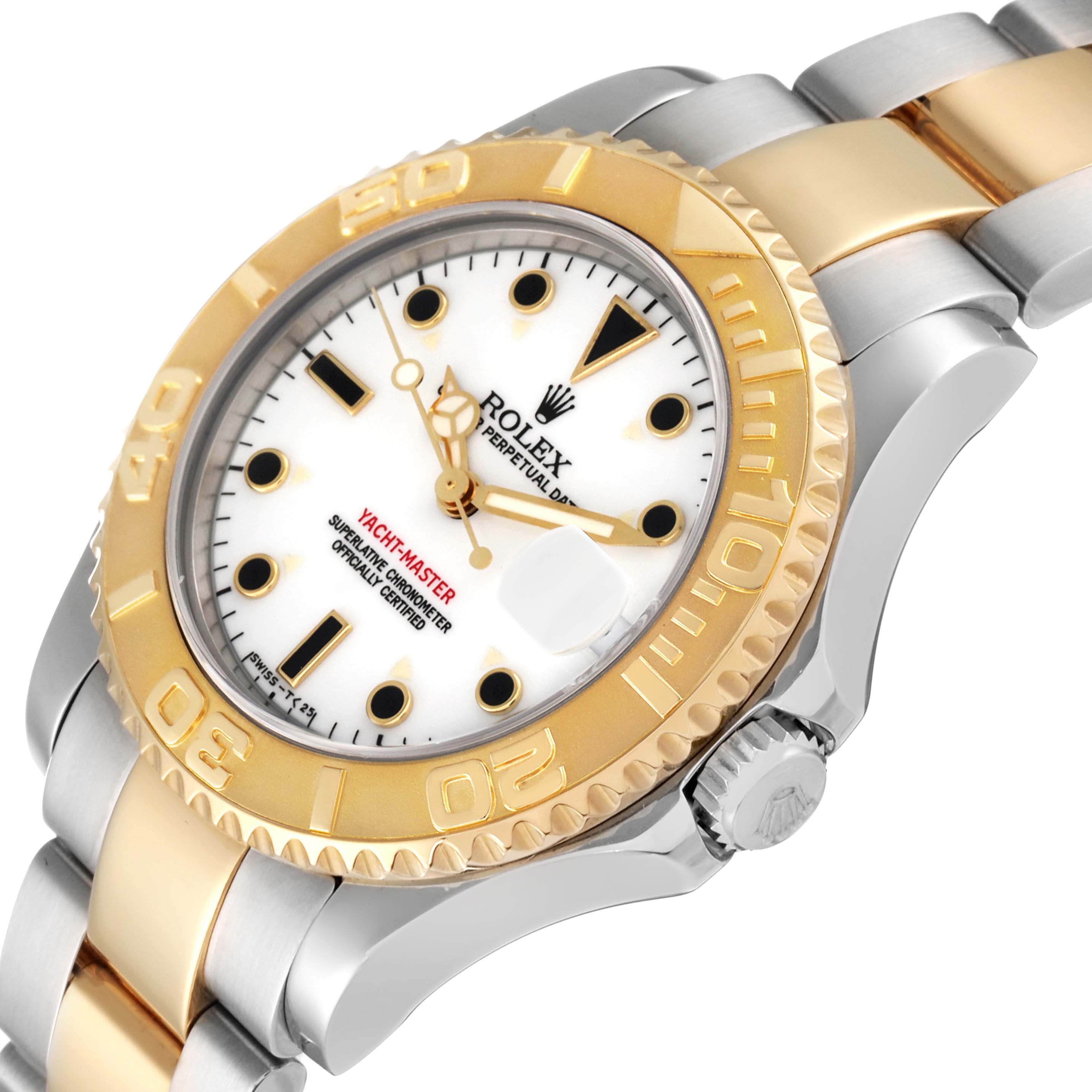 The image shows a close-up, angled view of a Rolex Yacht-Master 68623 Men's Steel and Gold (two tone) White Dial 68623 Men's Steel and Gold (two tone) White Dial watch displaying its dial, bezel, case, and part of the bracelet.