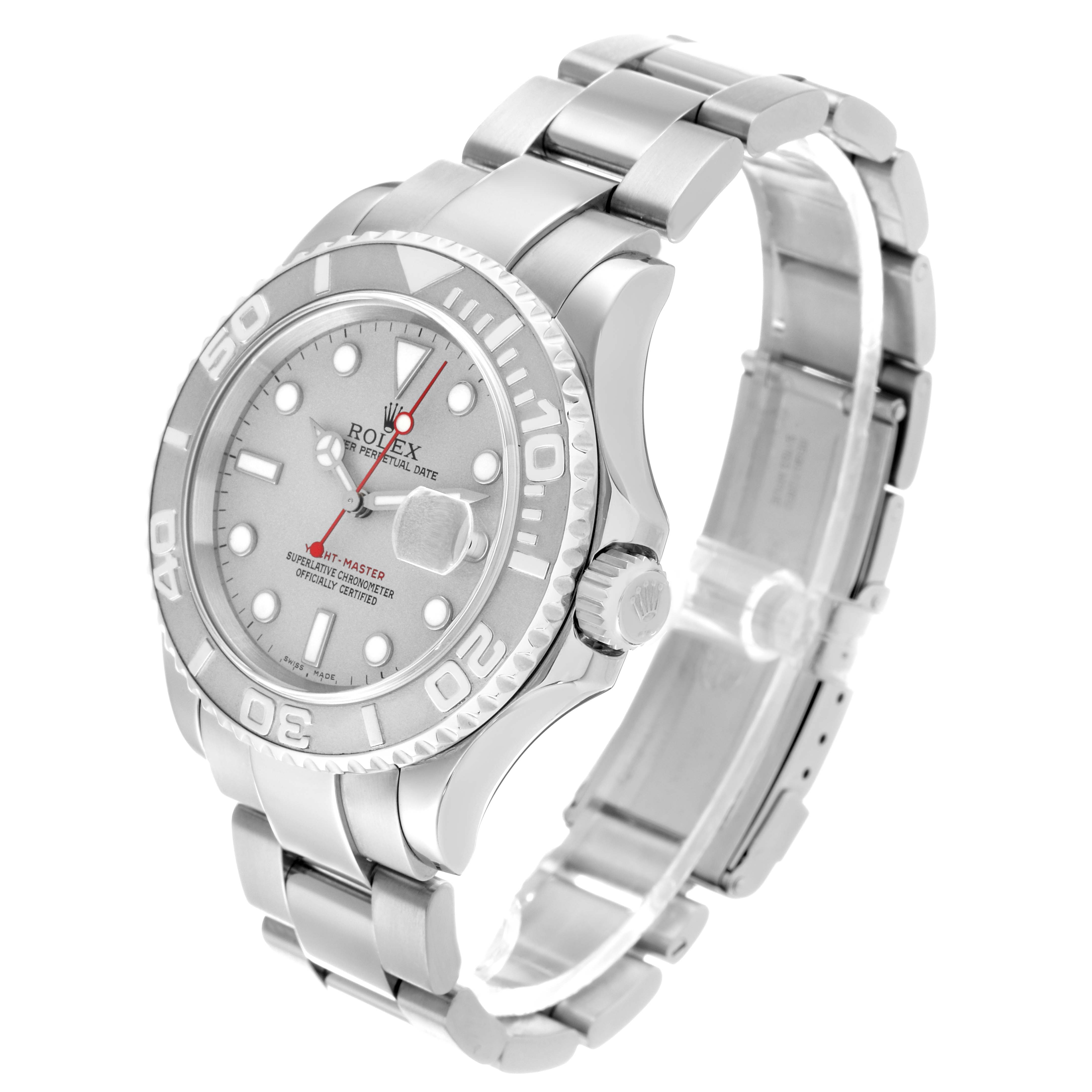 The Rolex Yacht-Master 16622 Men
s Stainless Steel Silver Dial watch is shown at a slight angle, highlighting the face, bezel, crown, and metal bracelet.