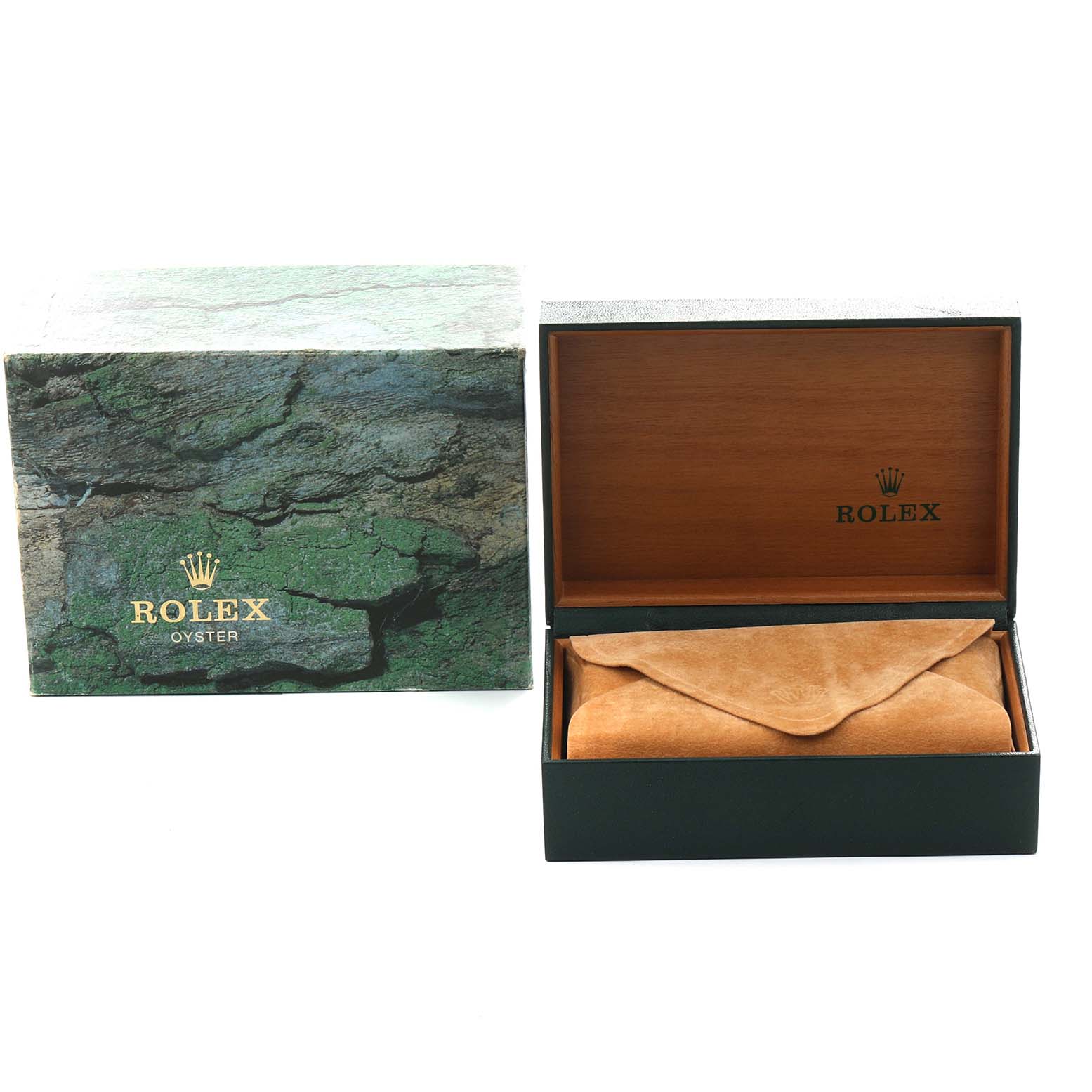 The image shows a Rolex Yacht-Master 16622 Men
s Stainless Steel Silver Dial watch box with its outer box, inner wood-patterned box, and a suede pouch.