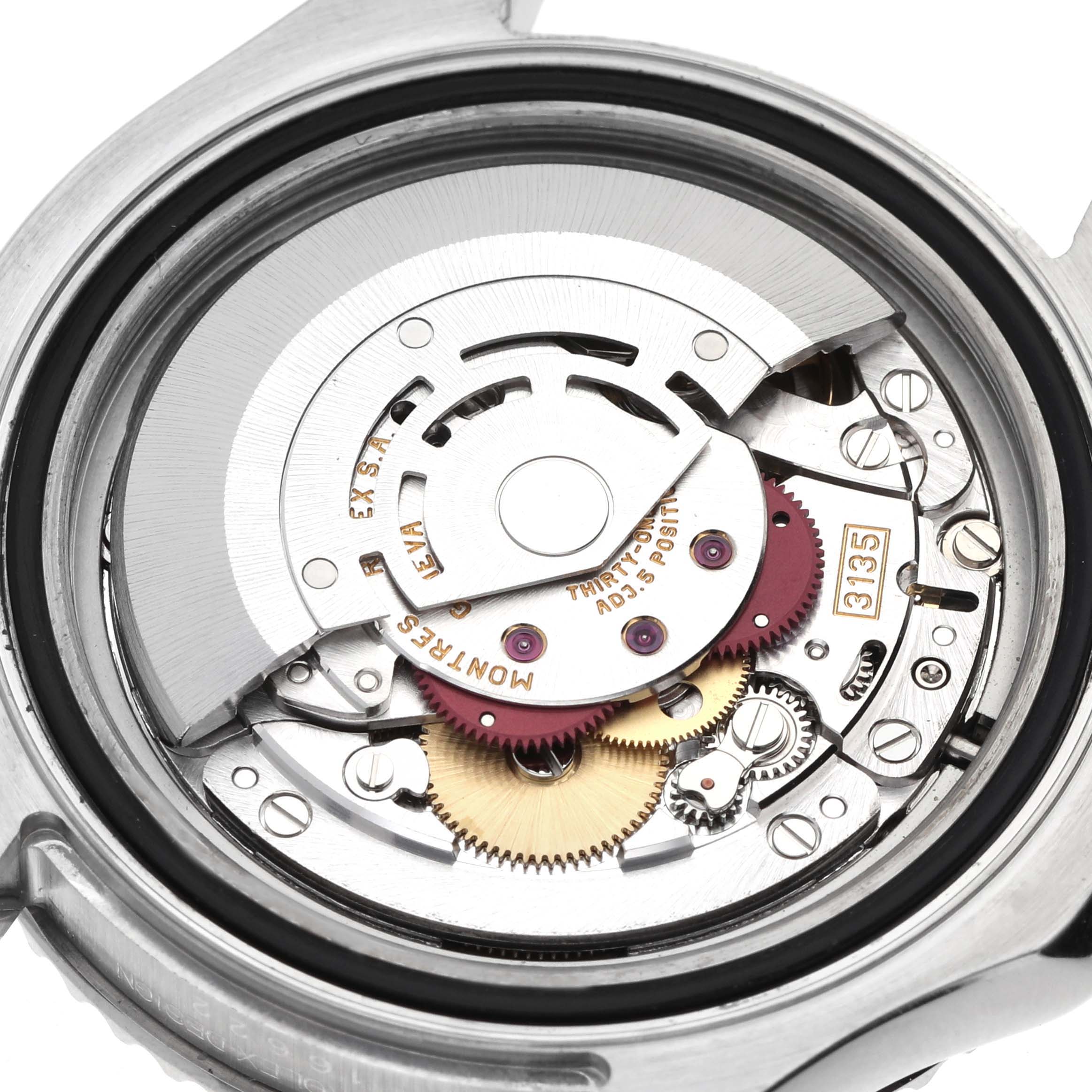 The image shows the internal movement mechanism of a Rolex Yacht-Master 16622 Men
s Stainless Steel Silver Dial watch, viewed from the back.