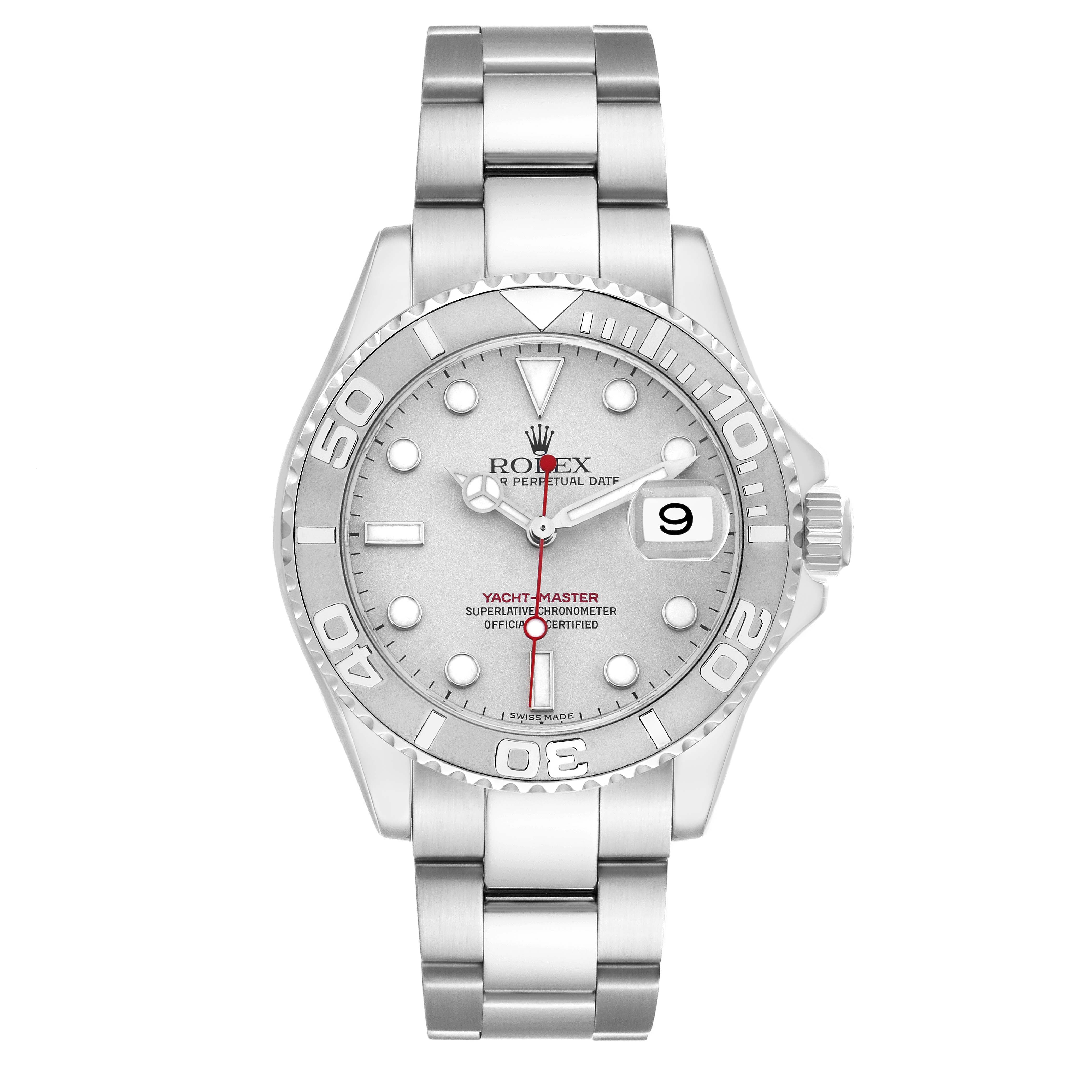 The Rolex Yacht-Master 16622 Men
s Stainless Steel Silver Dial is shown from a front view, displaying the dial, bezel, and bracelet clearly.