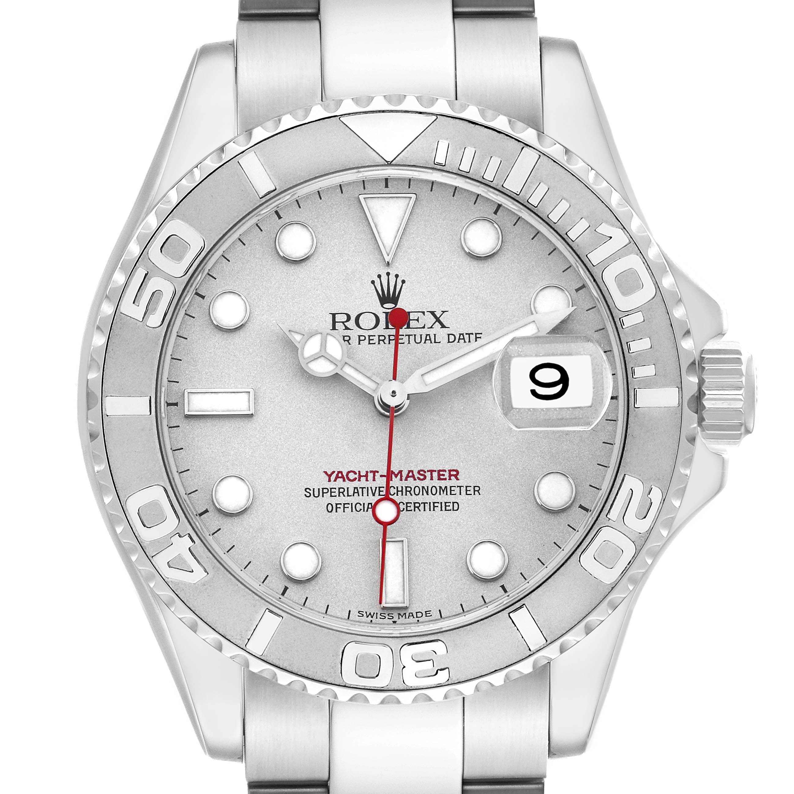 The image shows a front view of the Rolex Yacht-Master 16622 Men
s Stainless Steel Silver Dial watch, displaying the dial, bezel, and part of the bracelet.