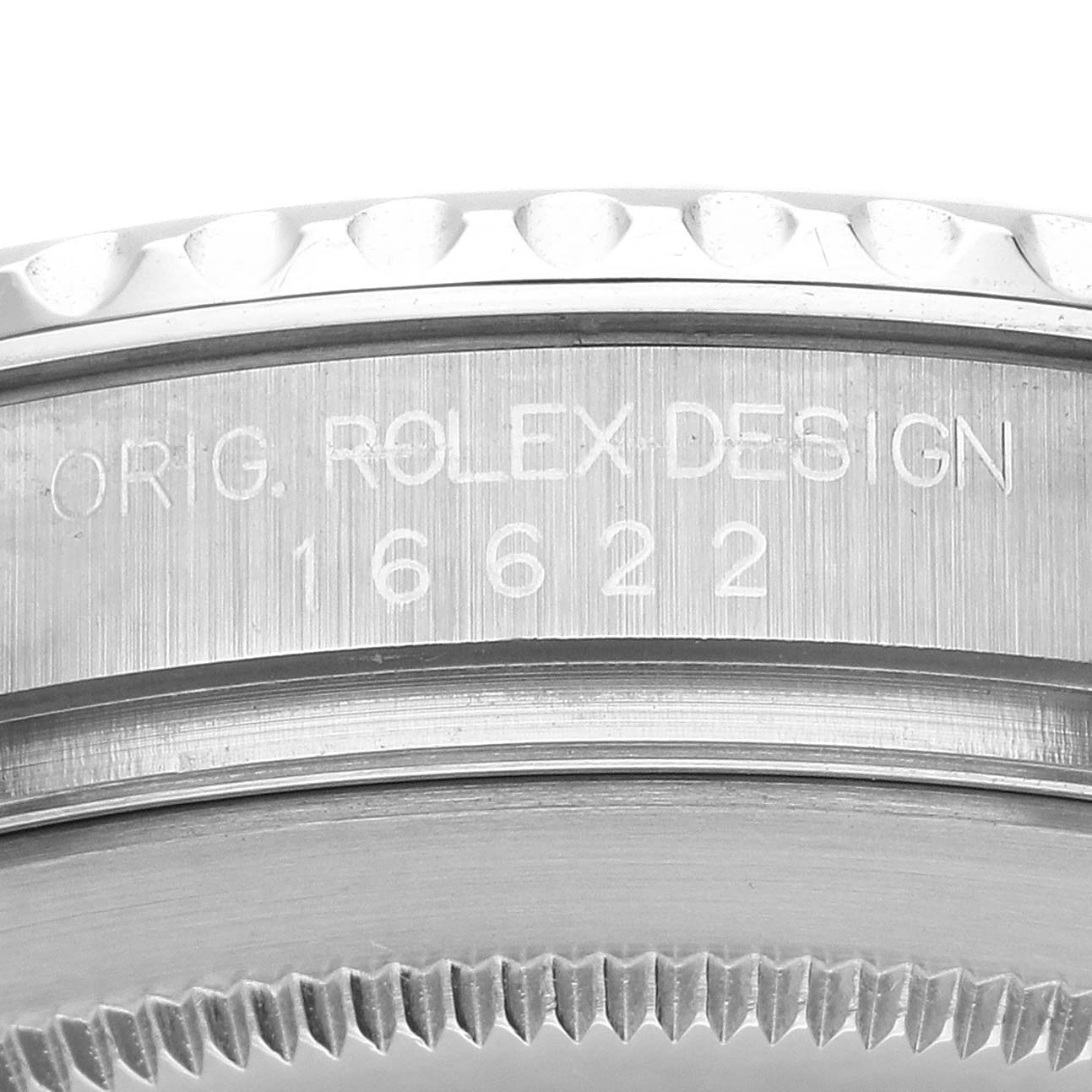 This image shows an angled close-up of the Rolex Yacht-Master 16622 Men
s Stainless Steel Silver Dial
s side, focusing on the engraved model and bezel details.