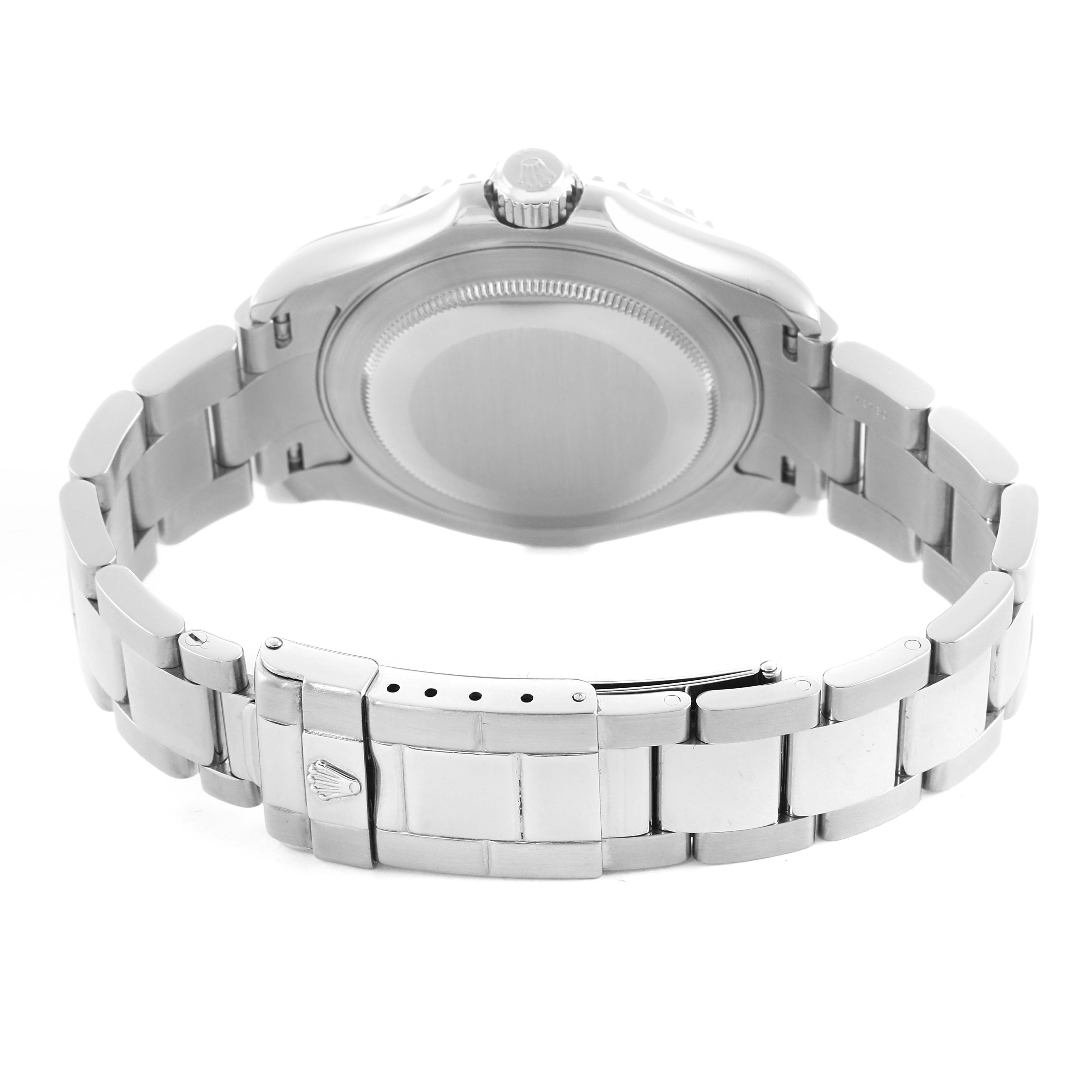 The image shows the back view of the Rolex Yacht-Master 16622 Men
s Stainless Steel Silver Dial watch, highlighting the case back and clasp.