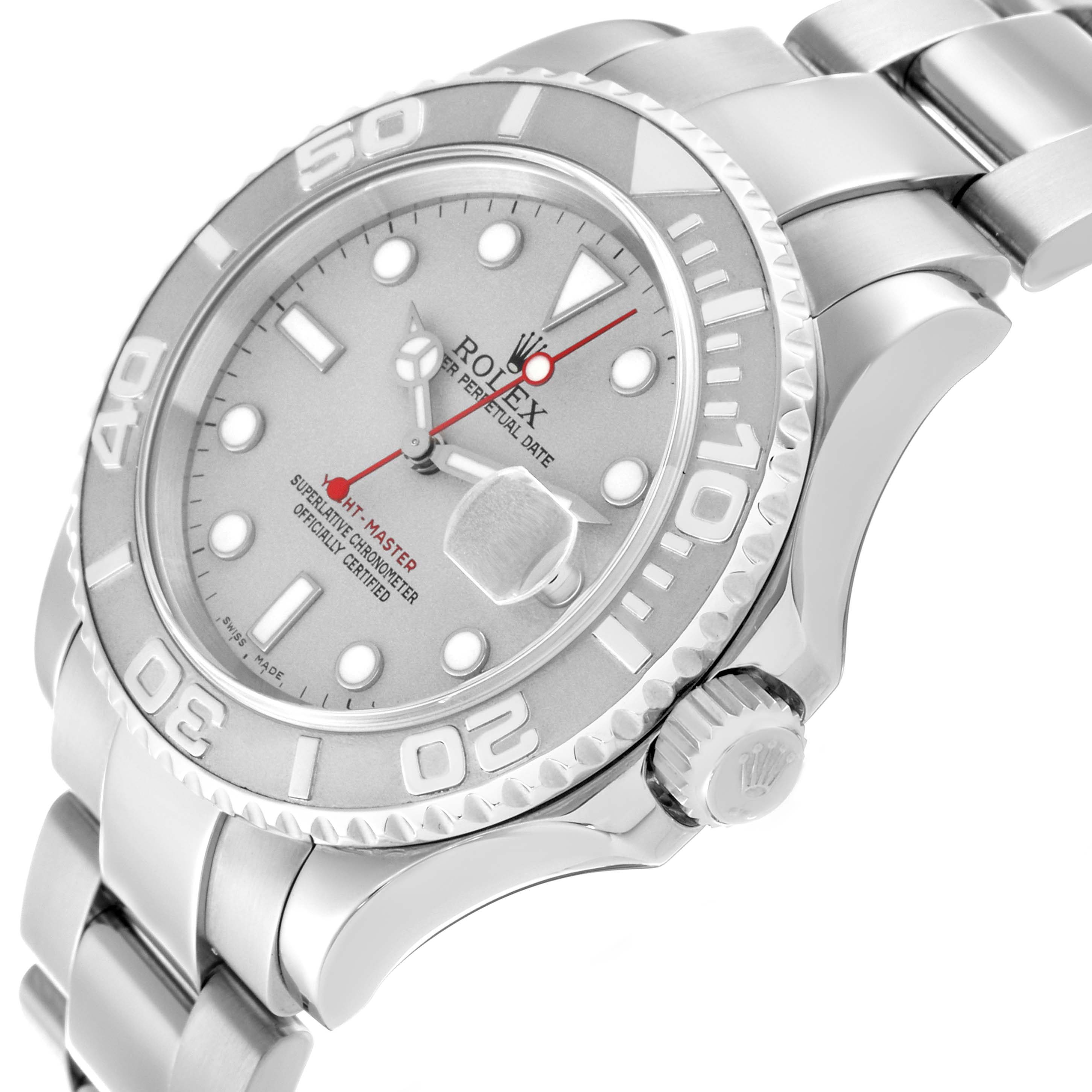 The Rolex Yacht-Master 16622 Men
s Stainless Steel Silver Dial watch is shown from a three-quarter angle, displaying the face, bezel, bracelet, and crown.