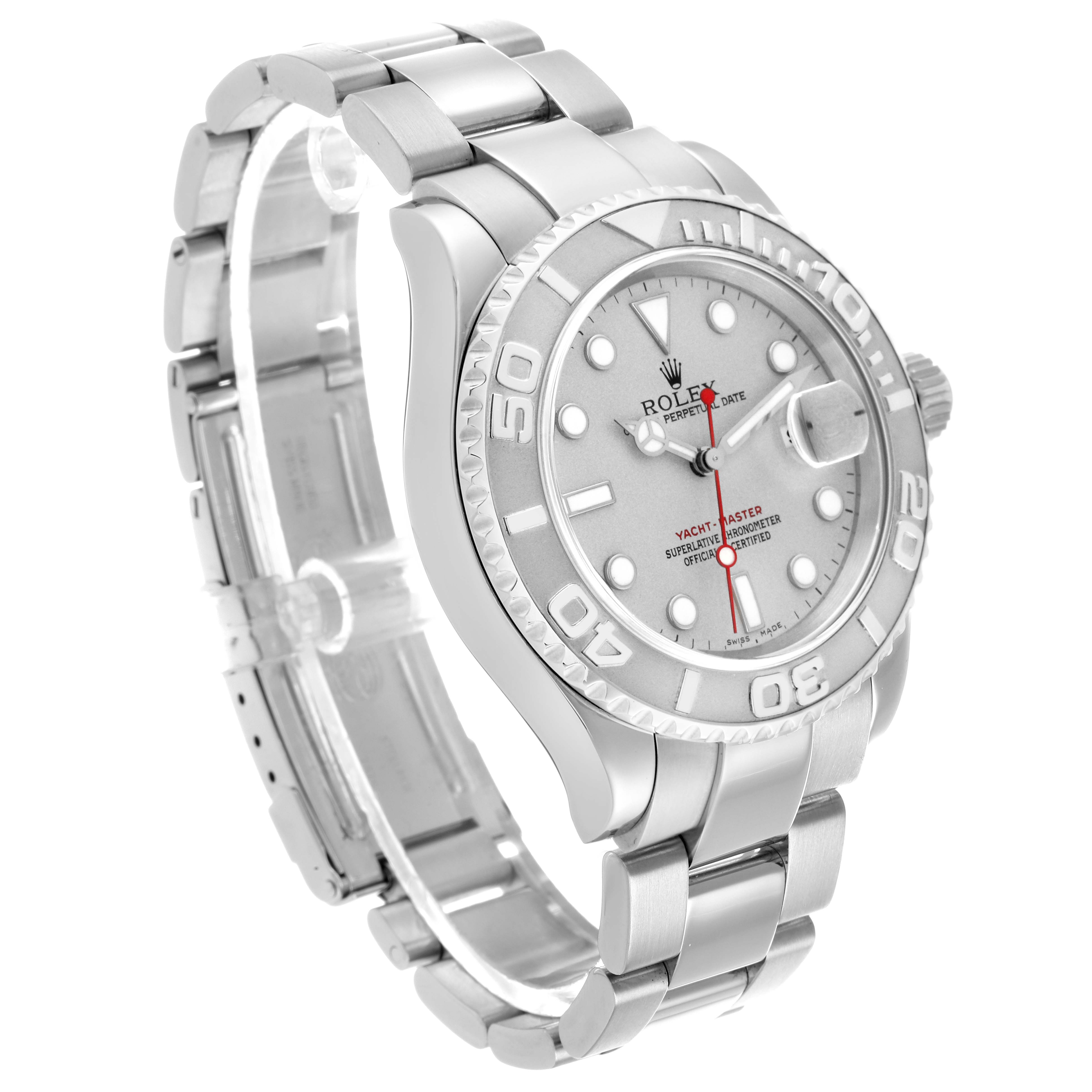 The Rolex Yacht-Master 16622 Men
s Stainless Steel Silver Dial watch is shown at an angled view, displaying its face, bezel, and bracelet clearly.
