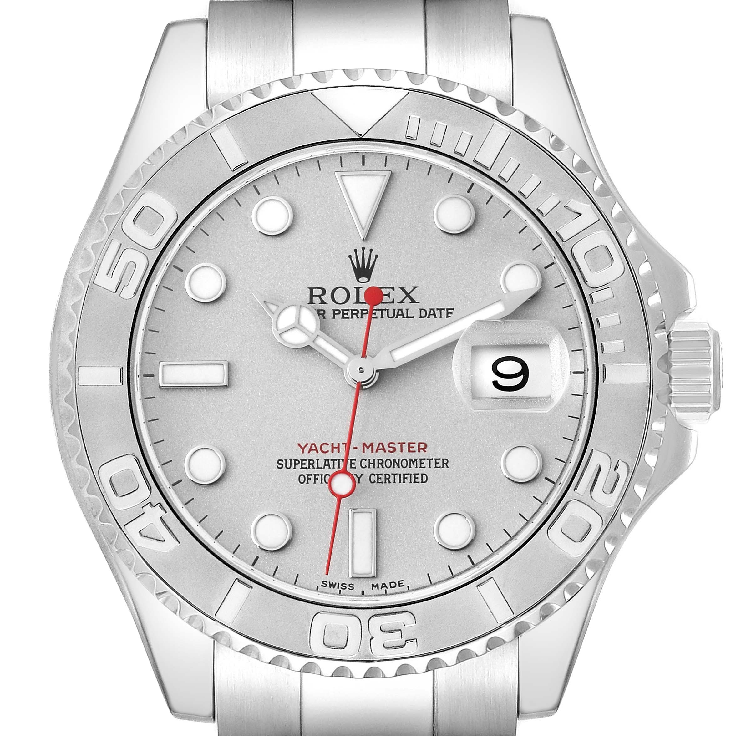 The image shows a frontal view of a Rolex Yacht-Master 16622 Men's Stainless Steel Silver Dial 16622 Men's Stainless Steel Silver Dial watch with a silver dial and bezel, displaying the date feature.