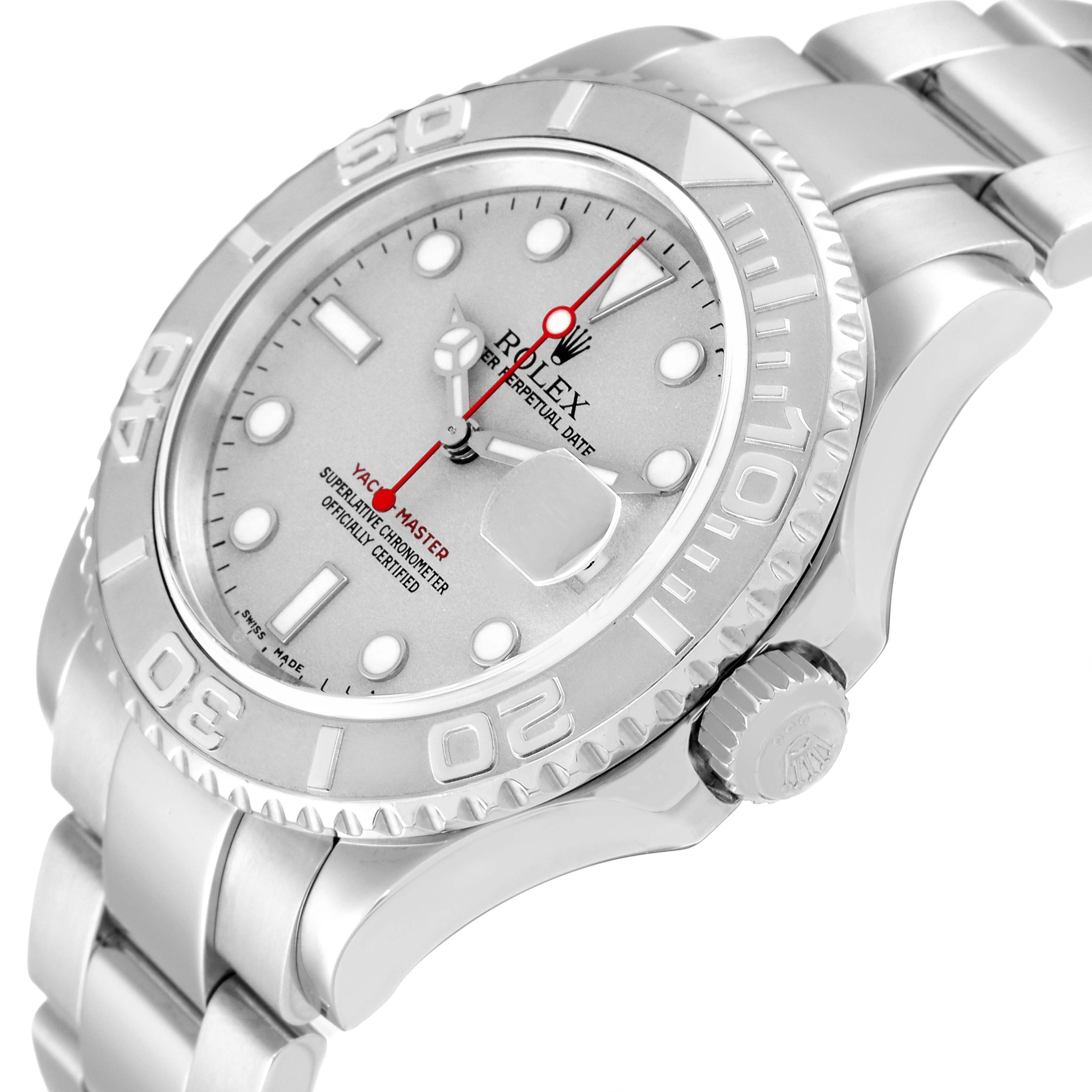 This image shows a Rolex Yacht-Master 16622 Men's Stainless Steel Silver Dial 16622 Men's Stainless Steel Silver Dial watch at a slight angle, highlighting the dial, bezel, and bracelet.