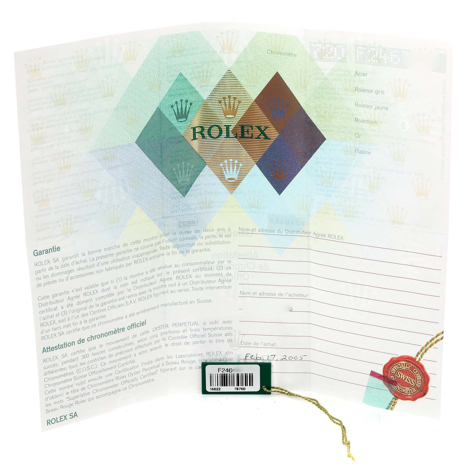 The image shows the warranty and certification papers for a Rolex Yacht-Master 16622 Men's Stainless Steel Silver Dial 16622 Men's Stainless Steel Silver Dial watch.