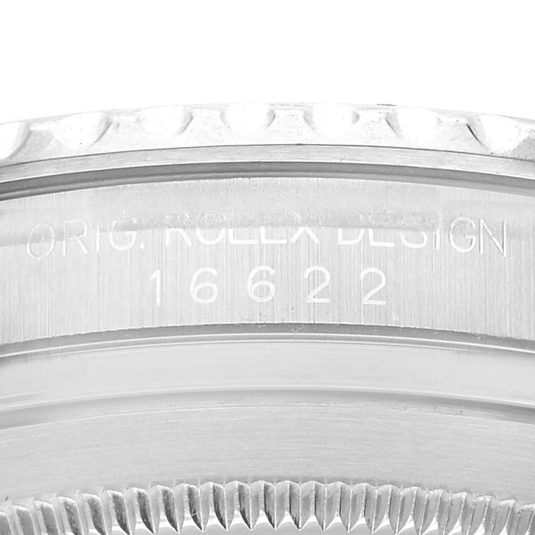 This close-up image shows the case side engraving and bezel edge of the Rolex Yacht-Master 16622 Men's Stainless Steel Silver Dial 16622 Men's Stainless Steel Silver Dial model 16622.