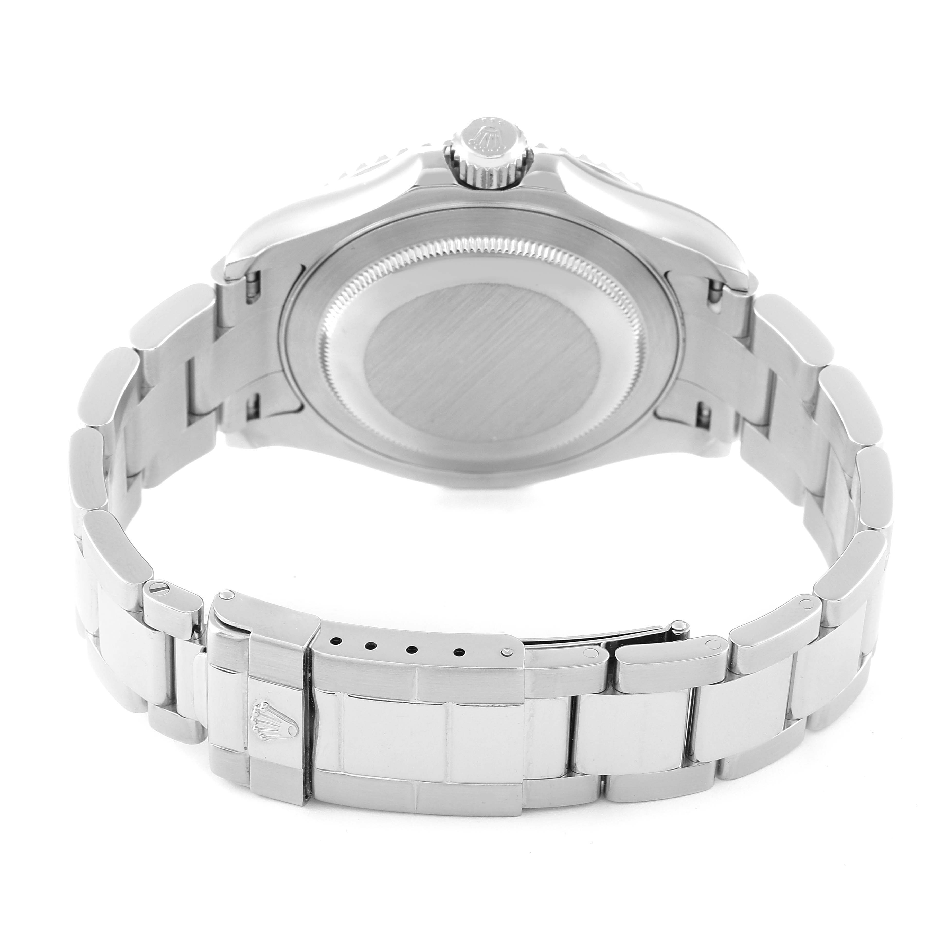 The image shows the back view of a Rolex Yacht-Master 16622 Men's Stainless Steel Silver Dial 16622 Men's Stainless Steel Silver Dial watch, highlighting its clasp, bracelet, and case back.