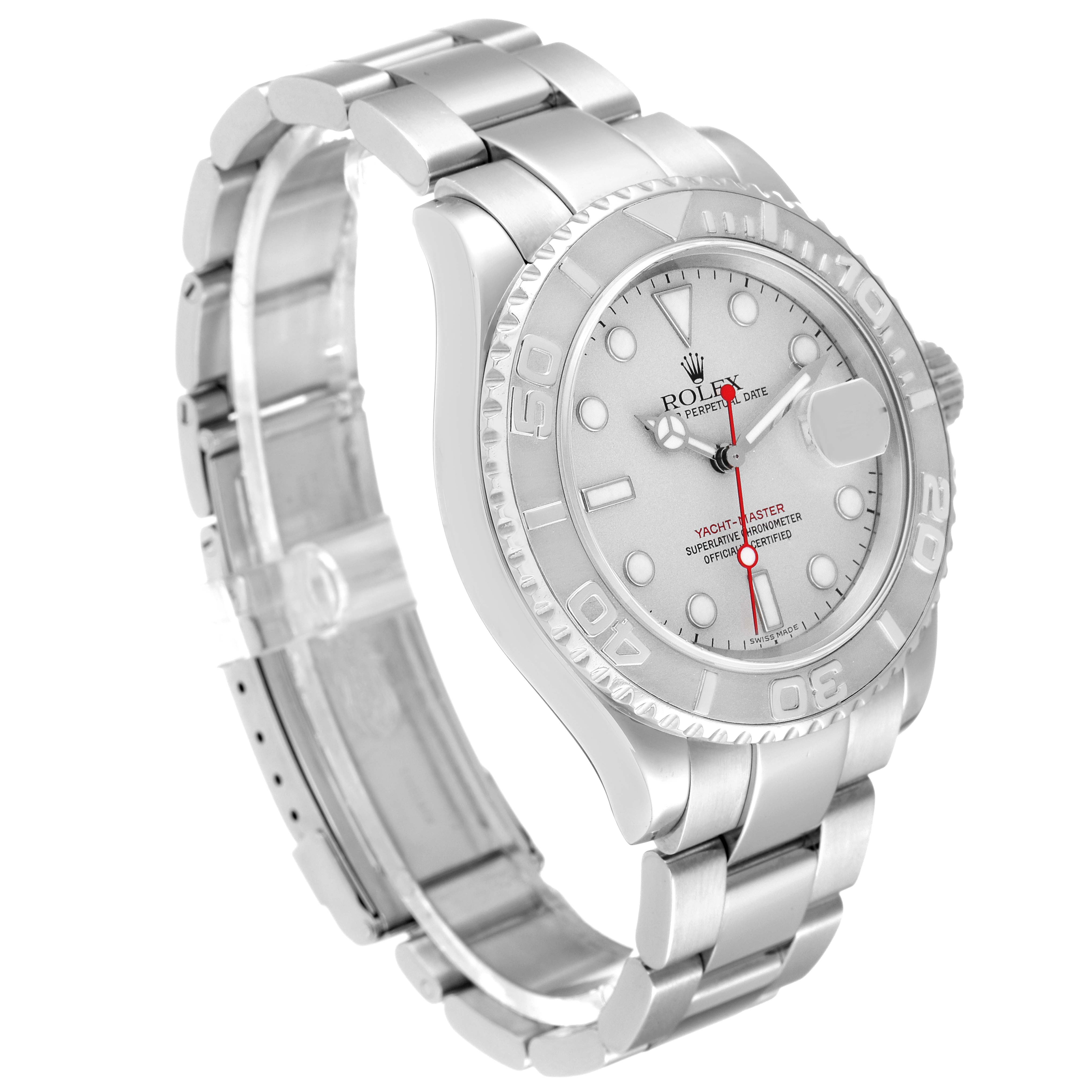 The image shows a side angle of a Rolex Yacht-Master 16622 Men's Stainless Steel Silver Dial 16622 Men's Stainless Steel Silver Dial watch, highlighting its face, bezel, bracelet, and clasp.