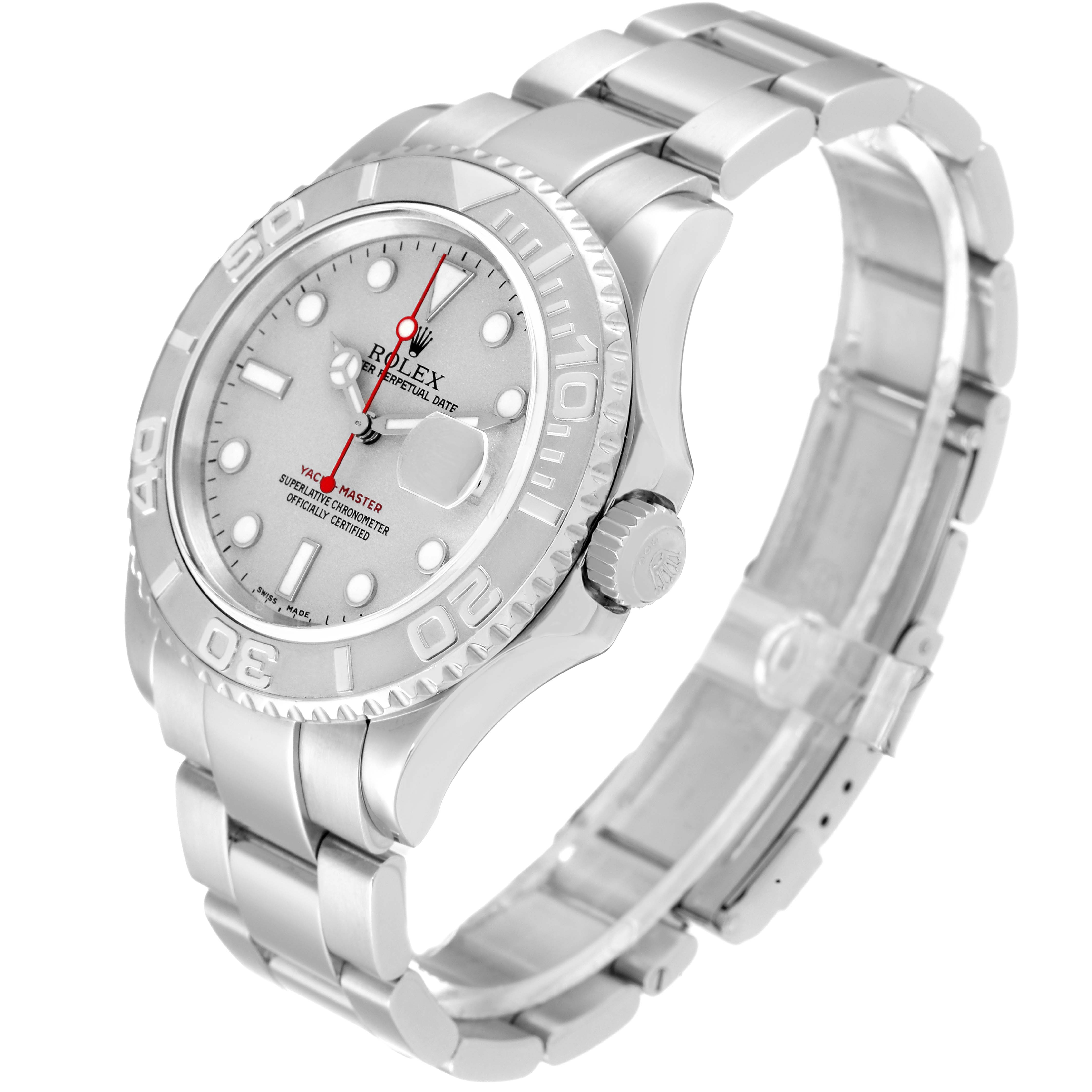 The image shows a Rolex Yacht-Master 16622 Men's Stainless Steel Silver Dial 16622 Men's Stainless Steel Silver Dial watch at an angle, highlighting its face, bezel, crown, and bracelet.