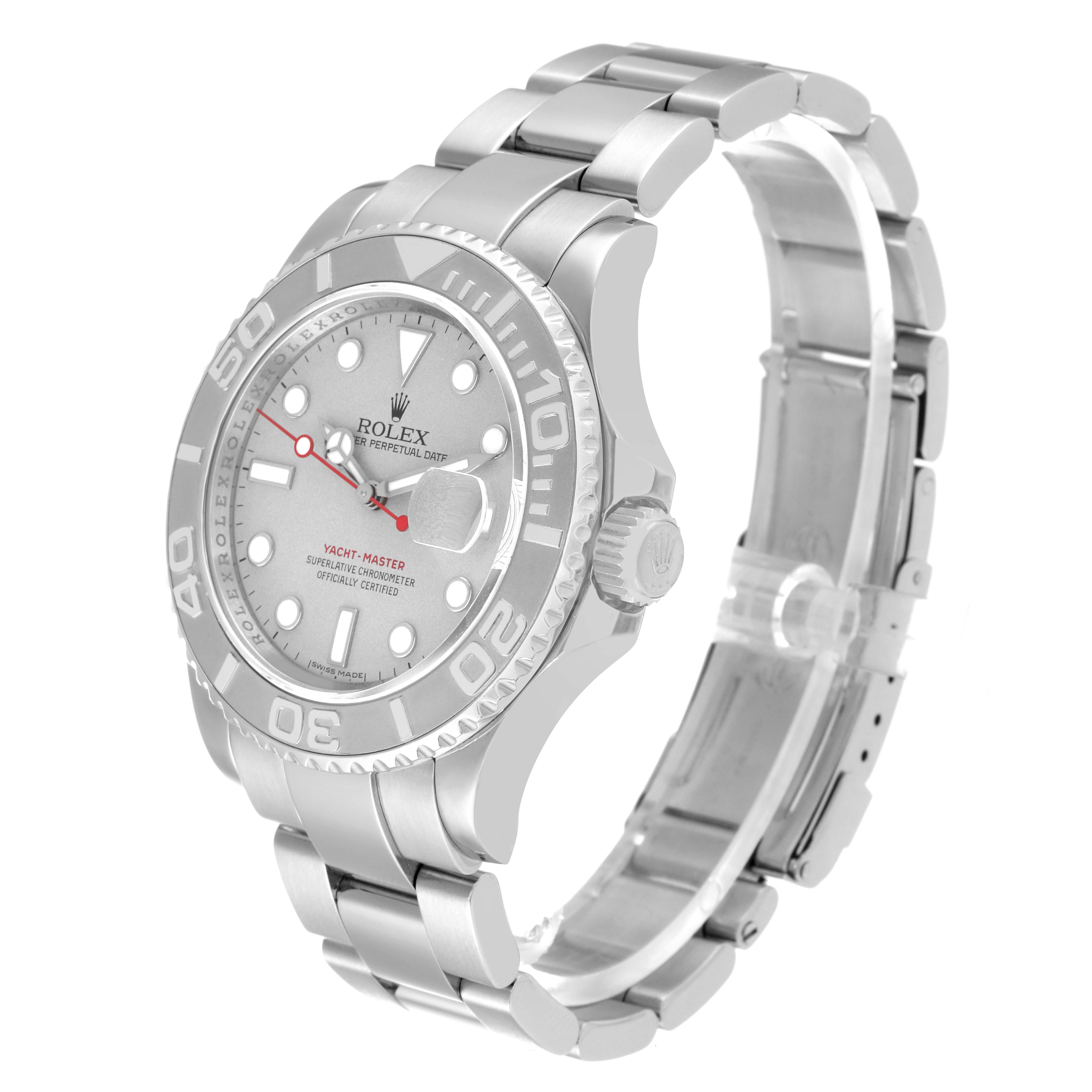 The image shows a Rolex Yacht-Master 16622 Men's Stainless Steel Silver Dial 16622 Men's Stainless Steel Silver Dial watch at a 45-degree angle emphasizing the face, bezel, and stainless steel bracelet.