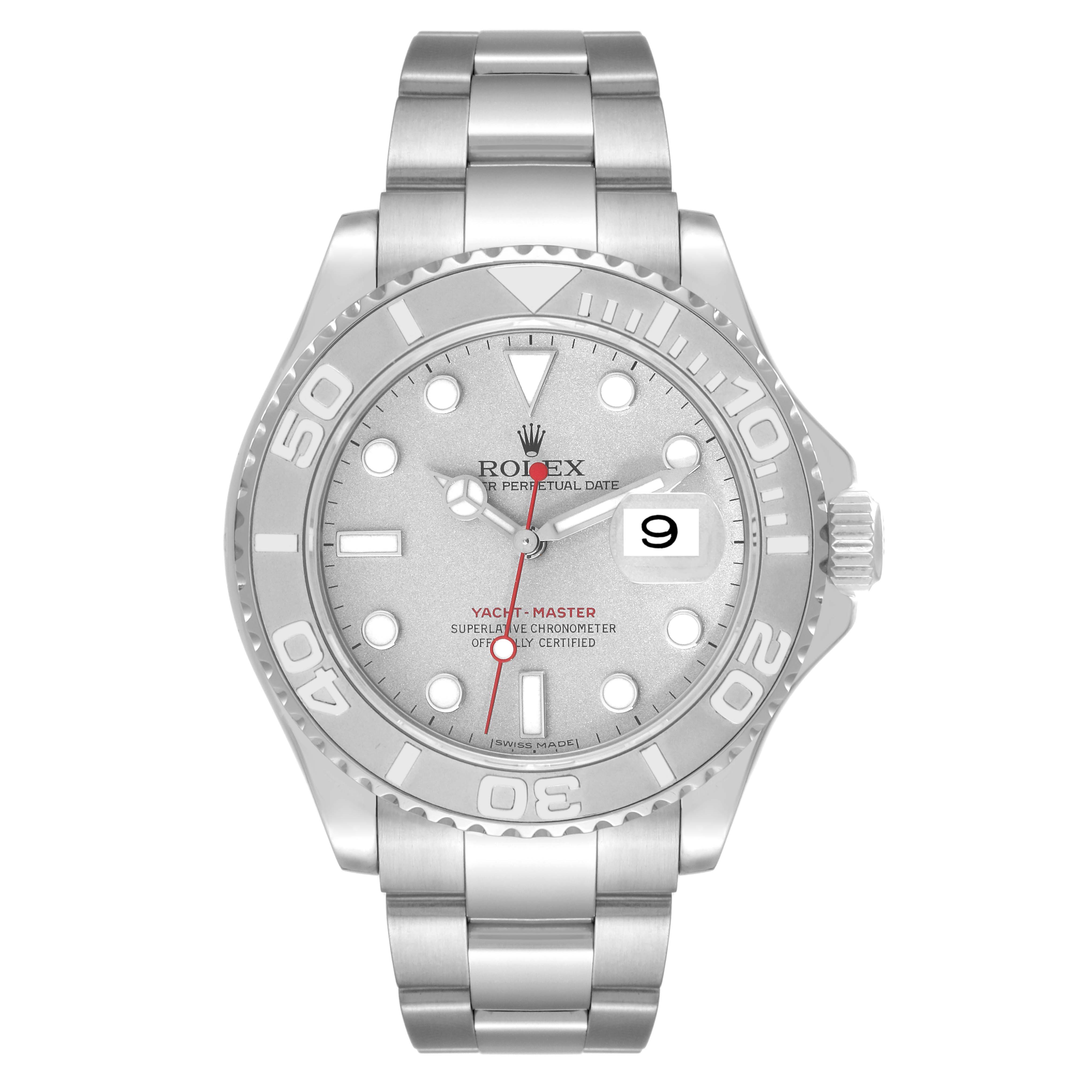 The image shows a front view of the Rolex Yacht-Master 16622 Men's Stainless Steel Silver Dial 16622 Men's Stainless Steel Silver Dial watch, displaying its face, bezel, bracelet, and date function.